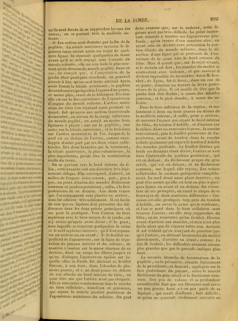 ÎN. '«if. n*<\S soctrvM, % ^sS&sS ■ ’NlIe, Nfliii >J*,f ^'<C(''K mu !’- • «ntto «««l. San* ,*,*.«■> fcT*1** Ï^^ïïî^h P^Wm,,,,;.».-, J•fchKau* 'fiii ellr,ir ,' ,nrro!,«ok>crTîtiol) j,j. pjln'jrrlic^ j !“ 'ty* l’opinion k ., /Z “‘^(nwiie.DDf! “'u prouvé, diTH tout c«i 1,11,1 1 ^irni-.Jii solaire fetaJeat» 111 ™w ^ 'il'*111 Kilt dîtürare n'est . •T'’ pwiiile • ju< toot-à-ùil en bas. Les gont- litrti liti <t ptroaéKitaiituts; était tm-proton-ici. il importe, disent les iilnn, : • remplir euctemenl de comprcsfts gra- jii , •, de dwfie«««*»«rp».en «k . .h titrehritwolkh/«dp® m Tu d'tdiille contre la face çoAenei to ion llrJl ait! .j .J1;.enseF'' >ros«.!0D.' «Jaip  #' firrdfiV'^poit^ î WrP41 **-z««*riï** fîtf* v- - -1iW> ili* do? ^'#51 jjü v •>* •«■’ I1' , fibre0- 1 «d^'A 2<>S U)0- .■;! ^ |T 4l* ija# DE LA JAMBE. qu’ils sont forcés de se rapprocher les uns des autres, en sc portant vers la malléole in- terne. 5° Les artères sont données par lu fin de-la poplitée. La tibiale anterieure traverse le li- gament inter-osseux après un trajet de quel- ques lignes. Se séparant quelquefois du tronc avant qu’il sc soit engagé sous l’arcade du muscle soléaire, clic ne s'en isole le plus sou- vent qu’au-dessous du muscle poplité. Dans ce cas, on conçoit que, si l’amputation de la jambe était pratiquée très-haut, on pourrait n’avoir à lier qu’un seul tronc artériel. Après avoir fourni la tibiale antérieure , la poplitée descend encore quelquefois l’espace d un pouce, et même plus, avant de se bifurquer. Dès-lors elle est sur la face antérieure de 1 aponévrose d’origine du muscle soléaire. L’artère nutri- cière du tibia s’en séparant aussi pendant ce trajet, fait qu’après une section transversale du membre, au niveau de la marge inférieure du muscle poplité, on aurait au moins trois ligatures à placer : une sur la poplitée, une autre sur la tibiale antérieure , et la troisième sur l’artère nourricière de l os. Jusque-là le nerf est en dedans de l’artère, comme enve- loppée d’autre part par scs deux veines colla- térales. Des deux branches qui la terminent, la tibiale postérieure, la plus volumineuse , la plus importante, paraît être la continuation réelle du tronc. En se portant vers le bord interne du ti- bia , celte branche suit une direction très-légè- rement oblique. Ell,e correspond, d’abord, au milieu de l’espace inter-osseux, puis, peu .à peu, au point d’union des muscles fléchisseur commun et jambicrposlérieur , enfin, à la face postérieure de ce dernier. Les deux veines qui l’accompagncnl sont placées eu arrière , sans lui adhérer très-solidement. Il est faciie de voir que sa ligature doit présenter des dif- férences dans les deux points principaux où on peut la pratiquer. Vers l’union du tiers supérieur avec le tiers moyen de la jambe , on n’y arrive qu’après avoir divisé : lu la peau , sous laquelle sc trouvent quelquefois la veine et le nerf saphènes internes , qu'il faut repous- ser en arrière ou en avant ; le feuillet su- perficiel de l’aponévrose, sur la ligne de sépa- ration du jumeau interne et du soléaire, de manière à tomber sur la masse charnue de ce dernier, dont on coupe les fibres jusqu'à ce qu'on distingue l’aponévrose épaisse sur la- quelle elles sc fixent. En divisant ce feuillet fibreux, à son tour, dans l’étendue de plu- sieurs pouces, et à un demi-pouce en dehors de son attache au bord interne du tibia , on peut être sûr que l’artère n’est pas éloignée. Kllcsc rencontre constamment dans la couche de tissu cellulaire, lainellcux et graisseux, qui sépare le muscle jambicr postérieur de l’aponévrose antérieure du soléaire. On peut 395 donc avaucer que, sur le cadavre, cette li- gature n’est pas très-difficile. Le point impor- tant consiste à tomber sur l’aponévrose pro- fonde, qu’on trouve d’une manière sûre, en ayant soin de diviser avec précaution la por- tion tibiale du muscle soléaire, dans la di- rection d'une ligne qui sc porterait de 1 ou- verture de la peau vers le bord externe du tibia. Mais il parait que, sur le sujet vivant, si le malade est fort, les muscles du mollet se contractent avec violence, et que souvent il devient impossible de les écarter. Aussi M. Bou- chet , de Lyon, fut-il forcé, dans un cas de ce genre, d'inciser eu travers la lèvre posté- rieure de la plaie. 11 est inutile de dire que la jambe doit cire fléchie, à cause des muscles jumeaux, et le pied étendu, à cause du so- léaire. Dans le tiers inférieur de la région , et no- tamment à deux ou trois pouces au-dessus de la malléole interne, il suffit, pour y arriver, de mesurer l’espace qui sépare le bord interne du tibia, du tendon d’Achille, et d’inciser sur le milieu. Alors ou rencontre la peau , la couche sous-cutanée, puis le feuillet postérieur de l a- ponévrose, avant de tomber dans la couche ccllulo-graisscusc qui sépare le tendon d’Achille des muscles profonds. Le feuillet fibreux qui bride ces derniers étant divisé, l’artère se voit dans l’intervalle du jambicr postérieur, qui est en dedans, du fléchisseur propre du gros orteil, qui est en dehors, et du fléchisseur commun, sur lequel elle repose. Les veines collatérales la cachent quelquefois complète- ment. Le nerf étant aussi placé derrière , on peut être assuré qu’elle est tout au plus à quel- ques lignes en avant et en dedans. Eu s’écar- tant de ces préceptes, on court le risque de se fourvoyer de deux manières différentes : l’in- cision est-elle pratiquée trop près du tendon d’Achille, on ouvre la gaine qui le renferme, et l’on se perd dans le tissu cellulaire sans trouver l’artère; est-elle trop rapprochée du tibia , on ne rencontre qu’un feuillet fibreux avant d’arriver aux muscles , et rien n’est plus facile alors que de s’égarer entre eux. Au reste il est évident qu’en essayant de pénétrer jus- qu’à l’artère, en divisant les muscles du mollet directement, d’arrière en avant, comme l’a fait M. Gulhric, les difficultés seraient encore plus grandes que parle procédé indiqué plus haut. La seconde branche de terminaison de la poplitée, ou la péronière, s’écarte légèrement de la précédente , et descend , appliquée sur la face postérieure du péroné, entre le muscle fléchisseur du gros orteil et le fléchisseur com- mun. Son peu de volume et sa profondeur considérable font que scs blessures sont rares ou peu graves. Aussi a-l-on peu parlé de sa ligature , qui serait d’ailleurs , fort difficile , et qu’on ne pourrait réellement exécuter au