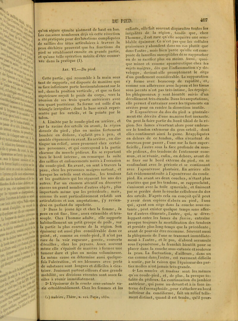 K S&x, H S 1 Qija y I i Wltk %rf J ' ! iju I yktS dÎ^Sjsl ■Si <•■{, f 0 pem 'llipi5 I - - . „1 ^ ts N# ''Mi,1 •W» ‘Nh or% lïïSStïî* DU PIED. wttiHu La r,S0U- -Me toiltHe J(! pffmettfait, i dédias I et lu ior-lcs qu’on sépare ensuite aisément de haut en bas. Les cas assez nombreux déjà oài cette résection a été pratiquée pour des luxations compliquées de saillies des tètes articulaires a travers la peau déchirée prouvent que les fonctions du pied se rétablissent ensuite en grande partie, et qu’une telle opération mérite d’ètrc conser- vée dans la pratique (1). Art. YI.—Du pied. Gctle partie, qui ressemble à la main sous tant de rapports, est disposée de manière que sa face inférieure porte horizontalement sur le sol, dans la position verticale, et que sa face supérieure reçoit le poids du corps, vers la réunion de scs trois quarts antérieurs avec son quart postérieur. Sa forme est celle d un triangle irrégulier, dont la base serait repré- sentée par les orteils, et la pointe par le talon. A. Limitée par le coude-pied en arrière, et par la racine des orteils en avant, la région dorsale du pied, plus ou moins fortement bombée en dedans, s'aplatit peu à peu, et semble s’épanouir en avant. En arrière , on dis-1 tingue un relief, assez prononcé chez certai- nes personnes, et qui correspond a la partie charnue du muscle pédieux. En se reportant vers le bord interne , on remarque la suite des saillies et enfoncements notés à l’occasion du coudc-pied. En avant, on sent a travers la peau , chez les personnes maigres surtout, et lorsque les orteils sont étendus, les tendons et les gouttières qui les séparent les uns des autres. Par un examen attentif on découvre encore un grand nombre d’autres objets , plus importants même que les précédents ; mais , comme ils sont particulièrement relatifs aux articulations et aux amputations, j’y revien- drai en parlant du squelette. 1° Dans le jeune âge et chez la femme , la peau en est line, lisse , assez extensible et très- souple. Chez l’homme adulte , elle supporte habituellement un petit groupe de poils , sur la partie la plus convexe de la région. Son épaisseur est aussi plus considérable dans ce point, et, comme au coude-pied, il n’est pas rare de la voir rugueuse, gercée, couverte d’écailles , chez les paysans. Assez souvent même elle s’épaissit de manière à former une tumeur dure et plus ou moins volumineuse. La même cause en détermine aussi quelque- fois l’ulcération , et scs blessures avec perte de substance sont longues et difficiles à cica- triser. Jouissant partout ailleurs d’une grande mobilité, scs divisions récentes sont assez fa- ciles à réunir immédiatement. 2° L’épaisseur de la couche sous-cutanée va- rie considérablement.. Chez les femmes et les (i) Amlricu , Thèse, n. ai4. Paris, i83a. enfants, elle fait souvent disparaître toutes les inégalités de la région, tandis que, chez l’homme , il est rare qn’cllc acquière une sem- blable épaisseur. Ce n’est pas que les cellules graisseuses y abondent dans un cas plutôt que dans l’autre , mais bien parce qu’elle est com- posée de lamelles susceptibles de se rapprocher ou de se raréfier plus ou moins. Aussi, quoi- que mince et comme aponévrotique chez les sujets maigres, dès que l’inflammation s’y dé- veloppe, devient-elle promptement le siège d’un gonflement considérable. La suppuration s’y forme avec beaucoup de rapidité, et, comme son adhérence avec la peau et les tissus sous-jacents n’est pas très-intime, les érysipè- les phlcgmoneux y sont bientôt suivis d’un décollement très-étendu. Dans les amputations, elle permet d’entraîner assez les téguments en arrière pour en rendre la dissection inutile. 3“ L’aponévrose du dos du pied a générale- ment été décrite d’une manière fort inexacte. On peut la faire partir du bord tibial de la ré- gion. Ses lames s’écartent alors pour embras- ser le tendon extenseur du gros orteil, dont elles continuent ainsi la gaine. Réappliquées en dehors de ce tendon, elles s’écartent de nouveau pour passer, l’une sur la face super- ficielle , l’autre sous la face profonde du mus- cle pédieux, des tendons de l’extenseur com- mun, et se réunir, enfin, en dehors, avant de se fixer sur le bord externe du pied, en se confondant avec le périoste et se continuant avec l’aponévrose plantaire. En arrière elle fait évideinmentsuitc à l’aponévrose du coude pied. En avant ses deux couches, n’étant plus écartées que par les tendons, se rapprochent, s’unissent avec la toile synoviale , et finissent par se perdre dans la couche celluleuse du dos des orteils. D’après cela on conçoit qu’il peut y avoir deux espèces d'abcès au pied, l une qui, ayant son siège dans la couche sous-cu- tanée , peut exister quelque temps sans affec- ter d'autres éléments , l'autre, qui, st'. déve- loppant entre les lames du fascia, entraîne presque toujours la mortification des tendous et persiste plus long-temps que la précédente , avant de pouvoir être reconnue. Souvent aussi la phlegmasie de l’une se transmet immédiate- ment à l’autre, et le pus, d’abord accumulé sous l’aponévrose, la franchit bientôt pour se placer dans la couche sous-cutanée et soulever la peau. La fluctuation, d’ailleurs, dans un cas comme dans l’autre , est rarement difficile à sentir, parla raison que l’épaisseur des par- ties molles n’est jamais très-grande. 4° Les muscles et tendons sont les mêmes qu’au coude-pied, et, de plus, la presque to- talité du pédieux. La continuation du jambicr antérieur, qui passe au-devant et à la face in- terne de l’os scaphoïde , pour s'attacher au bord inférieur du cunéiforme, fait un relief telle- ment distinct, quand il est tendu, qu’il pour-