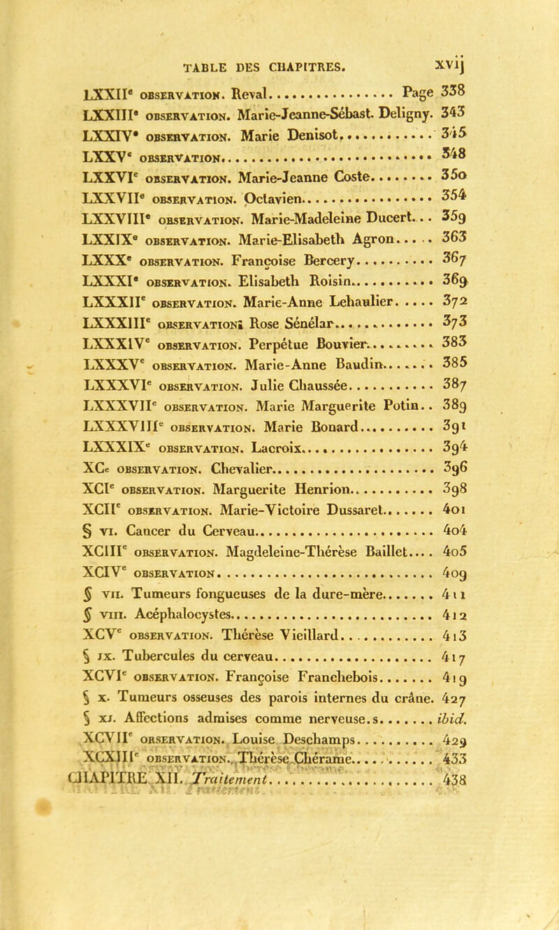 LXXII observation • Reval Page 338 LXXIII* observation. Marie-Jeanne-Sébast. Deligny. 343 LXXIV* observation. Marie Denisot .. 3 *5 LXXV observation • ^48 LXXVP observation. Marie-Jeanne Coste 35o LXXVII6 observation. Octavien 354 LXXVIII* observation. Marie-Madeleine Ducert... 35g LXXIX8 observation. Marie-Elisabeth Agron 363 LXXX* observation. Françoise Bercery 36/ LXXXI* observation. Elisabeth Roisin 369 LXXXHe observation. Marie-Anne Lehanlier 372 LXXXHF observation» Rose Sénélar 3/3 LXXX1V observation. Perpétue Bouvier. 383 LXXXV5 observation. Marie-Anne Baudin........ 385 LXXXVP observation. Julie Chaussée 387 LXXXVIP observation. Marie Marguerite Potin.. 38g LXXXVJJIe observation. Marie Bonard.. 3gt LXXXIX observation. Lacroix. 3a4 XCe observation. Chevalier 3u6 XCle observation. Marguerite Henrion 3o8 XCIIe observation. Marie-Victoire Dussaret 4oi § vi. Cancer du Cerveau 4o4 XCI1T observation. Magdeleine-Thérèse Baillet.... 4o5 XClVe observation 4og § vu. Tumeurs fongueuses de la dure-mère 411 § vin. Acéphalocystes 4i2 XCVe observation. Thérèse Vieillard 4i3 § jx. Tubercules du cerveau 417 XCVIe observation. Françoise Franchebois 4io, § x. Tumeurs osseuses des parois internes du crâne. 427 § xj. Affections admises comme nerveuse.s ibid, XCVIF orservation. Louise Deschamps 429 XCXIIl' observation.. Thérèse Chérame 433 aiAPXTRE XII. Traitement 438 nA.Hin.fc, Mi. rm*tèrimtt^ «r-.yt