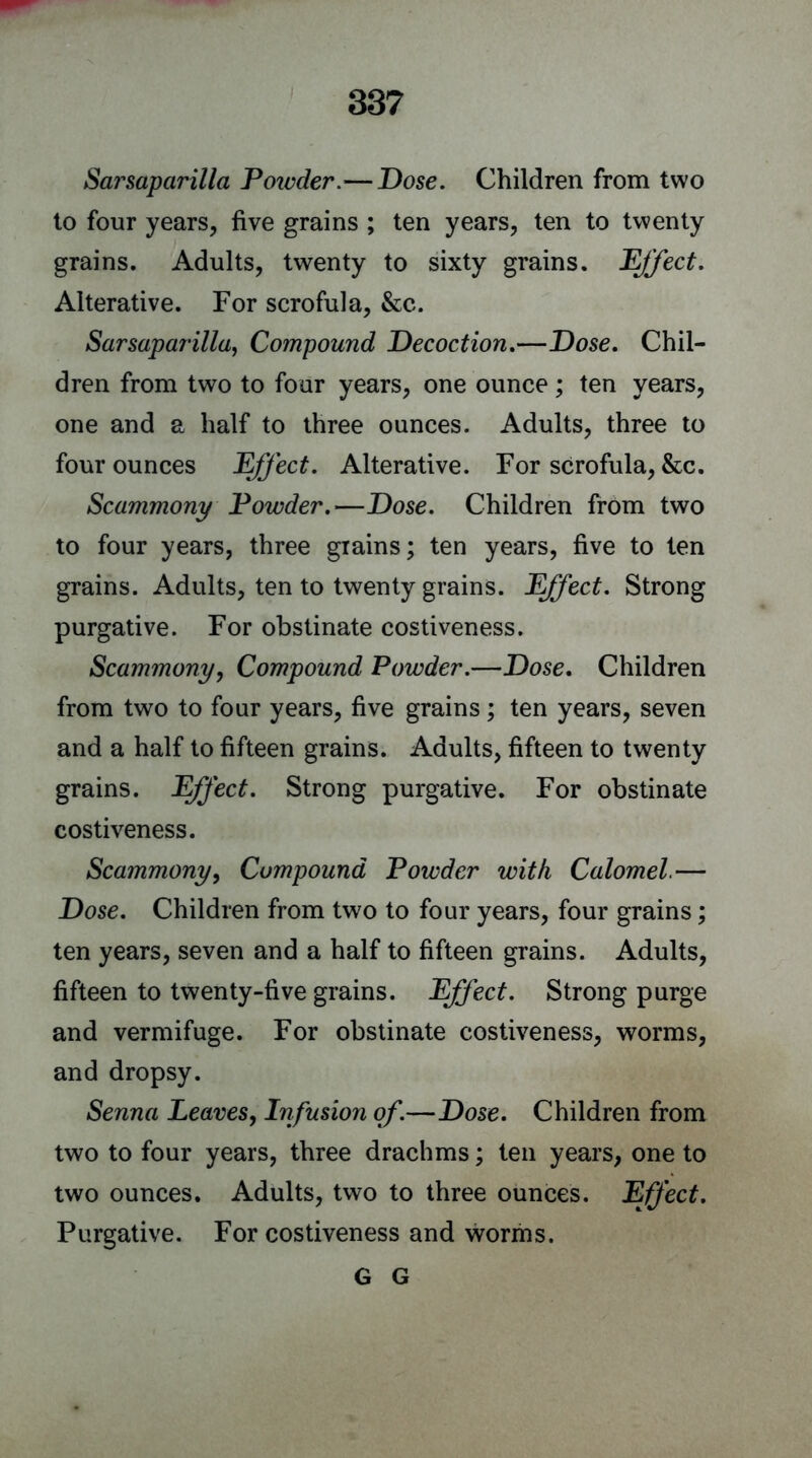 Sarsaparilla 'Powder.—Dose. Children from two to four years, five grains ; ten years, ten to twenty grains. Adults, twenty to sixty grains. Effect. Alterative. For scrofula, &c. Sarsaparilla, Compound Decoction.—Dose. Chil- dren from two to four years, one ounce; ten years, one and a half to three ounces. Adults, three to four ounces Effect. Alterative. For scrofula, &c. Scammony Powder.—Dose. Children from two to four years, three grains; ten years, five to ten grains. Adults, ten to twenty grains. Effect. Strong purgative. For obstinate costiveness. Scammony, Compound Powder.—Dose. Children from two to four years, five grains; ten years, seven and a half to fifteen grains. Adults, fifteen to twenty grains. Effect. Strong purgative. For obstinate costiveness. Scammony, Compound Powder with Calomel— Dose. Children from two to four years, four grains; ten years, seven and a half to fifteen grains. Adults, fifteen to twenty-five grains. Effect. Strong purge and vermifuge. For obstinate costiveness, worms, and dropsy. Senna Leaves, Infusion of.—Dose. Children from two to four years, three drachms; ten years, one to two ounces. Adults, two to three ounces. Effect. Purgative. For costiveness and worms. G G