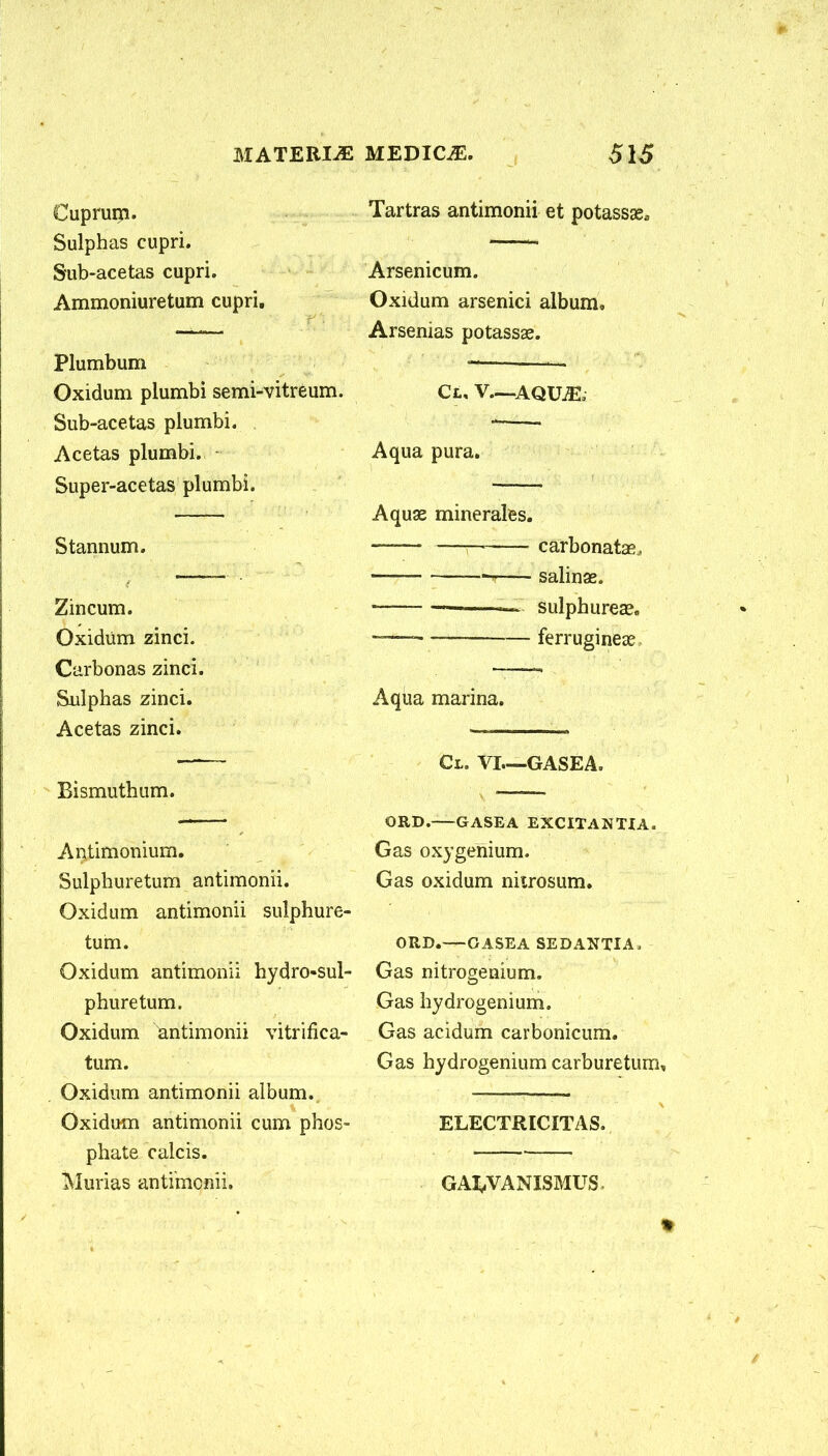 Cuprum. Sulphas cupri. Sub-acetas cupri. Ammoniuretum cupri. Plumbum Oxidum plumbi semi-vitreum. Sub-acetas plumbi. Acetas plumbi. • Super-acetas plumbi. Stannum. Zincum. Oxidum zinci. Carbonas zinci. Sulphas zinci. Acetas zinci. Bismuth um. Antimonium. Sulphuretum antimonii. Oxidum antimonii sulphure- tum. Oxidum antimonii hydro-sul- phuretum. Oxidum antimonii vitrifica- tum. Oxidum antimonii album. Oxidum antimonii cum phos- phate calcis. Mums antimonii. Tartras antimonii et potasssea Arsenicum. Oxidum arsenici album, Arsenias potassas. Cl, V—AQtLE, Aqua pura. Aquae minerales. — —— carbonatas, — h—- salinse. — — sulphurea?, ~ — ferruginese Aqua marina. Cl. vi—gasea, ORD. GASEA EXCITANTIA. Gas oxygenium. Gas oxidum nitrosum. ORD.—GASEA SEDANTIA, Gas nitrogenium. Gas hydrogenium. Gas acidum carbonicum. Gas hydrogenium carburetum. ELECTRICITAS. GAI^VANISMUS