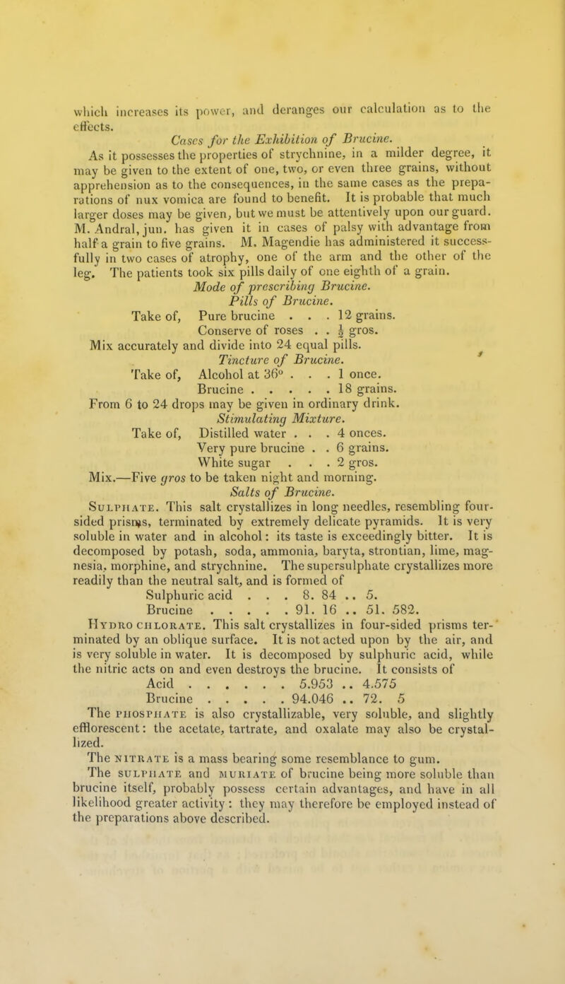 wliich increases its power, and deranges our calculation as to llie etfects. Cases for the Exhibition of Brucine. As it possesses the properties of strychnine, in a milder degree, it may be given to the extent of one, two, or even three grains, without apprehension as to the consequences, in the same cases as the prepa- rations of nux vomica are found to benefit. It is probable that much larger doses may be given, but we must be attentively upon our guard. M. Andral, jun. has given it in cases of palsy with advantage from half a grain to five grains. JVL Magendie has administered it success- fully in two cases of atrophy, one of the arm and the other of the leg. The patients took six pills daily of one eighth of a grain. Mode of prescribing Brucine. Pills of Brucine. Take of, Pure brucine ... 12 grains. Conserve of roses . . h gros. Mix accurately and divide into 24 equal pills. Tincture of Bruciyie. Take of, Alcohol at 36 ... 1 once. Brucine 18 grains. From 6 to 24 drops may be given in ordinary drink. Stimulating Mixture. Take of. Distilled water ... 4 onces. Very pure brucine . . 6 grains. White sugar . . . 2 gros. Mix.—Five gros to be taken night and morning. Salts of Brucine. SuLTHATE. This salt crystallizes in long needles, resembling four- sided prisn^s, terminated by extremely delicate pyramids. It is very soluble in water and in alcohol: its taste is exceedingly bitter. It is decomposed by potash, soda, ammonia, baryta, strontian, lime, mag- nesia, morphine, and strychnine. The supersulphate crystallizes more readily than the neutral salt, and is formed of Sulphuric acid . . . 8. 84 .. 5. Brucine 91. 16 .. 51. 582. Hydro CHLORATE. This salt crystallizes in four-sided prisms ter- minated by an oblique surface. It is not acted upon by the air, and is very soluble in water. It is decomposed by sulphuric acid, while the nitric acts on and even destroys the brucine. It consists of Acid 5.953 .. 4.575 Brucine 94.046 ..72. 5 The riiosPiiATE is also crystallizable, very soluble, and slightly efflorescent: the acetate, tartrate, and oxalate may also be crystal- lized. The NITRATE is a mass bearing some resemblance to gum. The SULPHATE and muriate of brucine being more soluble than brucine itself, probably possess certain advantages, and have in all likelihood greater activity : they may therefore be employed instead of the preparations above described.