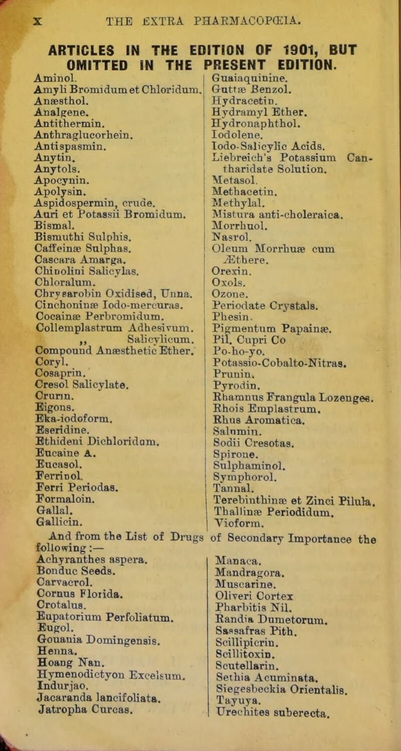 ARTICLES IN THE EDITION OF 1901, BUT OMITTED IN THE PRESENT EDITION. Aminol. Amy li Bromidum etChloridum. Anaesthol. Analgene. Antithermin. Anthraglucorhein. Anti spasmin. Anytin. Anytols. Apocynin. Apolysin. Aspidospermin, crude. Auri et Potassii Bromidum. Bismal. Bismuthi Sulphis. Caffeinae Sulphas. Cascara Amarga. ChiDolini Salicylas. Chloralum. Cbrysarobin Oxidised, Uuna. Cinchoninae Iodo-mercuras. Cocainse Perbromidum. Collemplastrom Adhesivum. ,, Salicylicum. Compound Anaesthetic Ether. Coryl. Cosaprin. Cresol Salicylate. Crunn. Eigons. Eka-iodoform. Eseridine. Ethideni Dichloridom. Eueaine A. Eucasol. FerriDol. Ferri Periodas. Formaloin. Gallal. Gallicin. And from the List of Drugs following:— Achyranthes aspera. Bonduc Seeds. Carvacrol. Cornus Florida. Crotalus. Eupatorium Perforatum. Eugol. Gouania Domingensis. Henna. Hoang Nan. Hymenodictyon Exeelsum. Indurjao. Jacaranda lancifoliata. Jatropha Curcas. Guaiaquinine. Guttae Benzol. Hydracefcin. Hydramyl Ether. Hydro naphthol. Iodolene. lodo-Salicylic Acids. Liebreich's Potassium Can- tharidate Solution. Metasol. Methacetin. Methylal. Mistura anti-choleraica. Morrhuol. Nasrol. Oleum Morrhuae cum .Ethere. Orexin. Oxols. Ozone. Periodate Crystals. Phesin. Pi amentum Papainse. Pil. Cupri Co Po-ho-yo. Potassio-Cobalto-Nitras. Pruuin. Pyrodin. Rbamnus Frangula Lozenges. Rhois Emplastrum. Rhus Aromatica. Salnmin. Sodii Cresotas. Spirone. Sulphaminol. Symphorol. Tannal. Terebinthinae et Zinci Pilura. Thallinae Periodidum. Vioform. of Secondary Importance the Manaca. Mandragora. Muscarine. Oliveri Cortex Pharbitis Nil. Randia Dumetorum. Sassafras Pith. Scillipicrin. Scillitoxin. Scutellarin. Sethia Acuminata. Siegesbeckia Orientalis. Tayuya. Urechites suberecta.