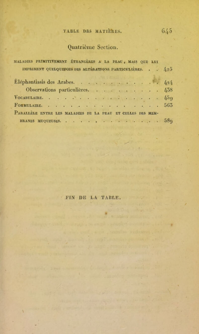 TABLE drs MATiiiïu;s. Quatrième Section. MALADIES PRIMITIVEMENT : TK ANC ERES A LA PEAU , MAIS QUI LUI IMPRIMENT QUELQUEFOIS DES ALTERATIONS PARTICULIERES. . Éléphantiasis des Arabes *s< Observations particulières vocaeulaire Formulaire Parallèle entre les maladies de la peau et celles des mem- branes MUQUEUSES FIN DE LA TABtE.
