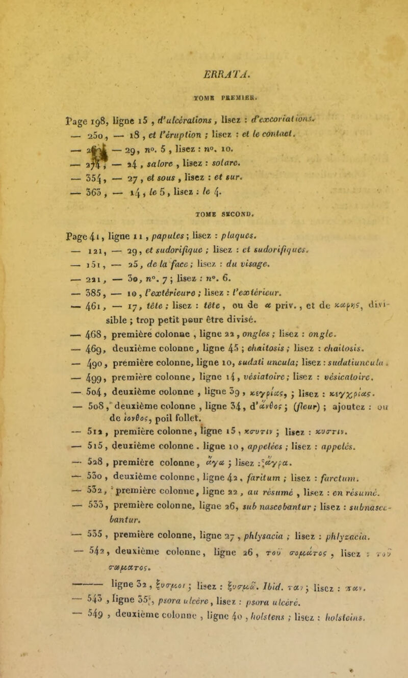 ERRATA. T0MB PKEM1BU. Page 198, ligne i5 , d'ulcérations, lisez : d'excoriation;. — 25o, — 18 , et l'éruption ; lisez : et le contact. — 3#]JL — 29, n». 5 , lisez : n<\ 10. — — *4 , sabre , lisez : solarc. — 3541 — 27 > e' S0UJ » ^9ez : e* tur' — 363 , — le5, lisez : le 4. TOME 8BCOKD. Page 4' » ligne 11 , papules ; lisez : plaques. — I2i, — 39, et sudorifique ; lisez : et sudorifti/t/c<. — 1 51, — iS, de la face ; lise/, : du visage. ■— 2a 1, — 3o, n°. 7 ; lisez : n°. 6. — 385, — 10 , l'extérieure ; lisez : l'extérieur. — 46i, — 17, tête; lisez : réfe, ou de ce. priv. , et de *#p»fff, «Uvi sible ; trop petit peur être divisé. — 468, première colonne , ligne 2a , ongles ; lisez : ongle. — 46q> deuxième colonne, ligne 45 » ekaitosis ; lisez : chailosis. — 49° j première colonne, ligne 10, sudali uncula; lisez : sudatiuncula . — 499» première colonne, ligne i{, vésiatoirc; lisez : vésicatoire. — 5o4, deuxième colonne , ligne 09 , x.tyfiU{f ; lisez : »ey^p«W. — 5o8, deuxième colonne , ligne 34, d'»v6of} (Jïeur) ; ajoutez: ou de j<j»0<k, poil follet. — 5ia , première colonne, ligne i5 , k<tutiv ; lisez : *y<mv. — 5x5 , deuxième colonne . ligne 10 , appelées ; lisez : appetis. — 5a8 , première colonne, «y* ; 'isez :;«ypa. — 55o , deuxième colonne, ligne 4a * fàritum ; lisez : farclum. — 532, 'première colonne, ligne 22 , au résumé , lisez : en résume. — 533, première colonne, ligne 26, sub nascebantur ; lisez : subnasa bantur. — 555 , première colonne, ligne 37 , phlysacia ; lisez : phlyzacia. — 542, deuxième colonne, ligne 26, roc o-0/x.utoç , Usez : rt tretftctTo;. ligne 3a, fao-poi • lisez : fyrftà. Ibid. ri»} lisez : *mr. — 543 , ligne 55;, psora ulcère, lisez : psora ulcéré. — 549 , deuxième colonne , ligne 4o , holstens ; lisez : holslcins.