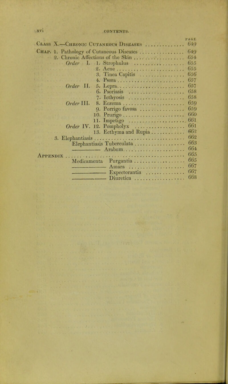 CtiAss X.—Chronic Cutanbous Dibjiases 6M) Chap. 1. Pathology of Cutaneous Diseases ()4y 2. Chronic Attections of the Skin 654 Order I. 1. Strophulus Ci.'j 2. Acne 0'.05 3. Tinea Capitis 656 4. Psora 657 Order II. 5. Lepra 6'57 6. Psoriasis 058 7- Icthyosis 6.58 Order UL 8. Eczema 659 9. Porrigo favosa 65i} 10. Prurigo 660 11. Impetigo 661 Order IV, 12. Pompholyx 661 13. Ecthyma and Rupia 662 3. Elephantiasis 662 Elephantiasis Tuberculata 663 Arabum 664 Appendix Medicamenta Purgantia 665 Amara 667 Expectorantia 667 . Diuretica 668