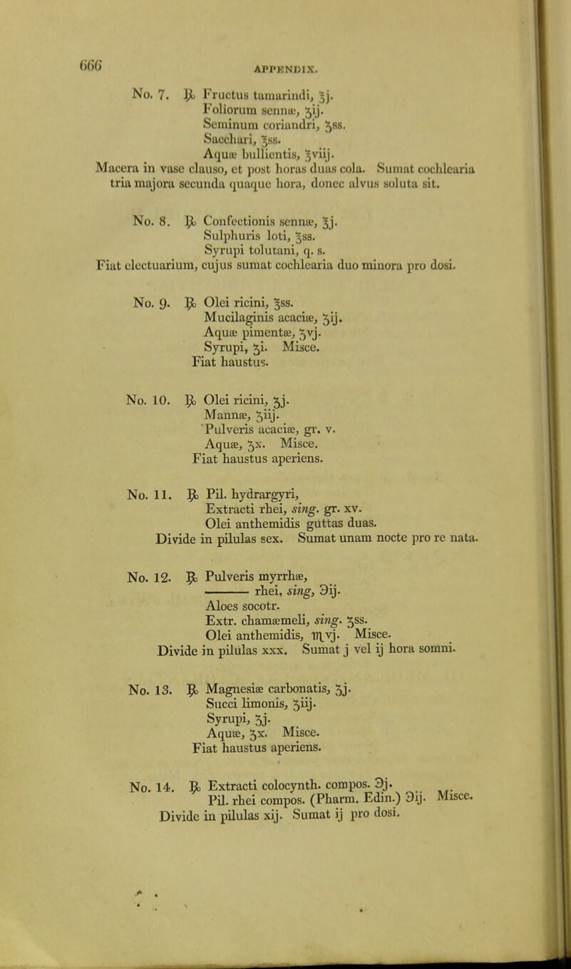 66G APPKNUIX. No. 7. Ijl Fructus tumuriiidi, 5j. Foliorum sennif, jij. Seminum coriandri, 5ss. Sacclmri, J^ss. Aquce bullientis, 3viij. Macera in vase claiiso, ct jjost lioras duas cola. Suniat cochlearia tria majora sceuuda quaque liora, donee alvus soluta sit. No. 8. J)o Confcctionis senna?, 5j- Sulphuris loti, 3SS. Syrupi tolutani, q. s. Fiat clectuarium, cujus sumat cochlearia duo minora pro dosi. No. 9' 1^ Olei ricini, ^ss. Mucilaginis acacite, 5ij« Aqua; pimenta;, ^vj. Syrupi, 51. Misce. Fiat liaustus. No. 10. 93 Olei ricini, jj. Manna;, ^iij. Pulveris acacia;, gi-. v. Aqufe, 5x. Misce. Fiat haustus aperiens. No. 11. 9) Pil. hydrargyri, Extracti rhei, sing. gr. xv. Olei anthemidis guttas duas. Divide in pilulas sex. Sumat unam nocte jiro re nata. No. 12. !P> Pulveris myrrhae, rhei, sing, 3ij. Aloes socotr. Extr. chamffimeli, sing. jss. Olei anthemidis, Dl.vi. Misce. Divide in pilulas xxx. Sumat j vel ij hora somni. No. 13. 9) Magnesia carbonatis, 5j. Succi limonis, 5iy- Syrupi, 5j. Aquffi, 5x. Misce. Fiat haustus aperiens. No. 14. 9) Extracti colocynth. compos. 3j. Pil. rhei compos. (Pharm. Edin.) 9y. Misce. Divide in pilulas xij. Sumat ij pro dosi.