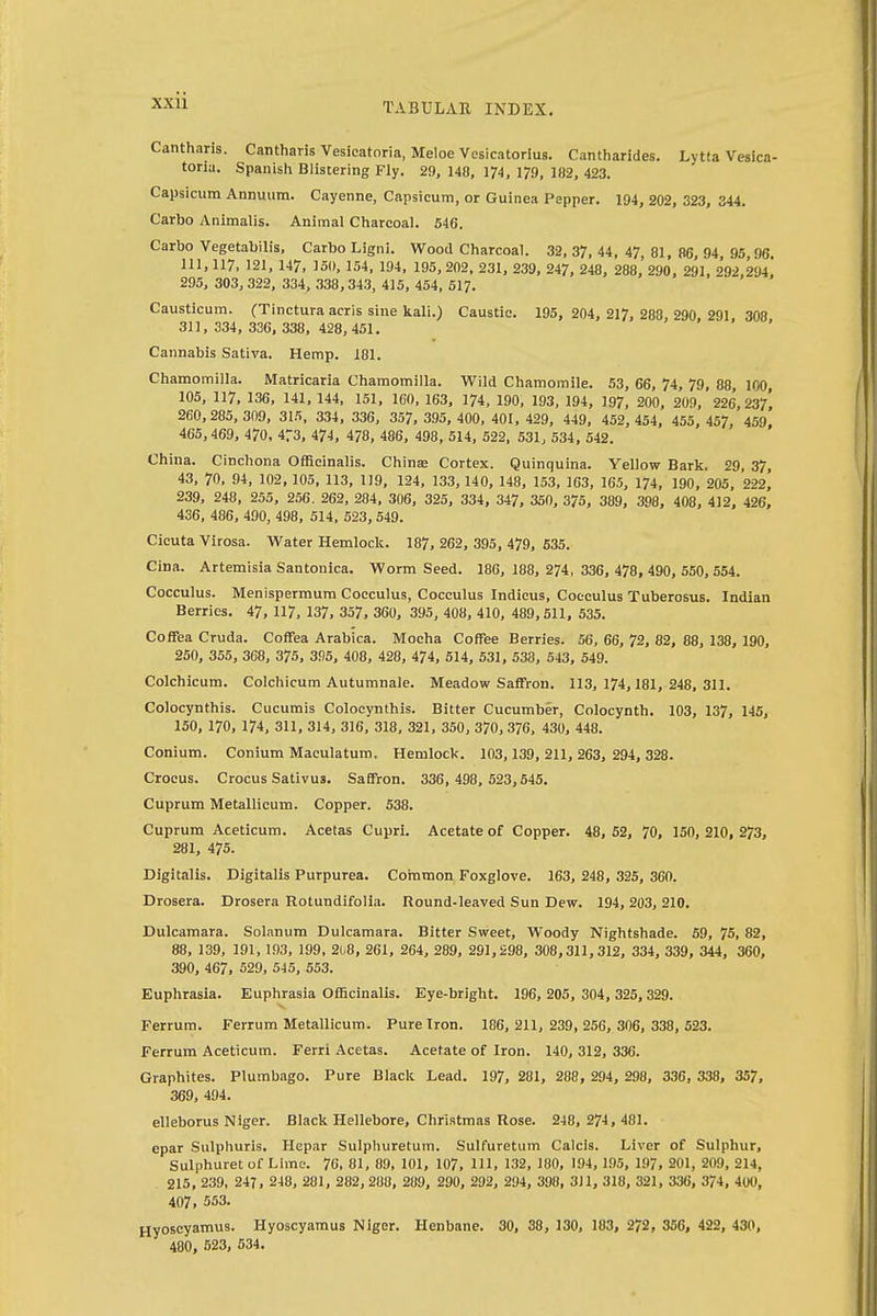 Cantharis. Cantharis Vesicatoria, Meloe Vesicatorius. Cantharides. Lytta Vesica- toria. Spanish Blistering Fly. 29, 148, 174, 179, 182, 423. Capsicum Annuum. Cayenne, Capsicum, or Guinea Pepper. 194, 202, 323, 344. Carbo Animalis. Animal Charcoal. 546. Carbo Vegetabilis, Carbo Ligni. Wood Charcoal. 32, 37, 44 , 47, 81, 86, 94, 95,96. Ill, 117, 121, 147, 150, 154, 194, 195, 202, 231, 239, 247, 248, 288,'290, 291, 292,294! 295, 303,322, 334, 338,343, 415, 454, 517. Causticum. (Tinctura acris sine kali.) Caustic. 195, 204, 217, 288, 290, 291, 308 311, 334, 336, 338, 428,451. Cannabis Sativa. Hemp. 181. Chamomilla. Matricaria Chamomilla. Wild Chamomile. 53, 66, 74, 79, 88, 100, 105, 117, 136, 141, 144, 151, 160, 163, 174, 190, 193, 194, 197, 200, 209, 226,237', 260,285, 309, 315, 334, 336, 357, 395, 400, 401, 429, 449, 452, 454, 455, 457, 459, 465,469, 470, 473, 474, 478, 486, 498, 514, 522, 531, 534, 542. China. Cinchona Officinalis. China; Cortex. Quinquina. Yellow Bark. 29, 37, 43, 70, 94, 102, 105, 113, 119, 124, 133, 140, 148, 153, 163, 165, 174, 190, 205, 222, 239, 248, 255, 256. 262, 284, 306, 325, 334, 347, 350, 375, 389, 398, 408, 412, 426, 436, 486, 490, 498, 514, 523, 549. Cicuta Virosa. Water Hemlock. 187, 262, 395, 479, 635. Cina. Artemisia Santonica. Worm Seed. 186, 188, 274, 336, 478, 490, 550, 554. Cocculus. Menispermum Cocculus, Cocculus Indicus, Cocculus Tuberosus. Indian Berries. 47, 117, 137, 357, 360, 395, 408, 410, 489,511, 535. Coffea Cruda. Coffea Arabica. Mocha Coffee Berries. 56, 66, 72, 82, 88, 138, 190, 250, 355, 368, 375, 395, 408, 428, 474, 514, 531, 538, 543, 549. Colchicum. Colchicum Autumnale. Meadow Saffron. 113, 174,181, 248, 311. Colocynthis. Cucumis Colocynthis. Bitter Cucumber, Colocynth. 103, 137, 145, 150, 170, 174, 311, 314, 316, 318, 321, 350, 370, 376, 430, 448. Conium. Conium Maculatum. Hemlock. 103,139, 211, 263, 294, 328. Crocus. Crocus Sativus. Saffron. 336, 498, 523,545. Cuprum Metallicum. Copper. 538. Cuprum Aceticum. Acetas Cupri. Acetate of Copper. 48, 52, 70, 150, 210, 273, 281, 475. Digitalis. Digitalis Purpurea. Common Foxglove. 163, 248, 325, 360. Drosera. Drosera Rotundifolia. Round-leaved Sun Dew. 194, 203, 210. Dulcamara. Solanum Dulcamara. Bitter Sweet, Woody Nightshade. 59, 75, 82, 88, 139, 191, 193, 199, 2^8, 261, 264, 289, 291,298, 308,311,312, 334, 339, 344, 360, 390, 467, 529, 545, 553. Euphrasia. Euphrasia Officinalis. Eye-bright. 196, 205, 304, 325, 329. Ferrum. Ferrum Metallicum. Pure Iron. 186, 211, 239, 256, 306, 338, 523. Ferrum Aceticum. Ferri Acetas. Acetate of Iron. 140, 312, 336. Graphites. Plumbago. Pure Black Lead. 197, 281, 288, 294, 298, 336, 338, 357, 369, 494. elleborus Niger. Black Hellebore, Christmas Rose. 248, 274 , 481. epar Sulphuris. Hepar Sulphuretum. Sulfuretum Calcls. Liver of Sulphur, Sulphuret of Lime. 70, 81, 89, 101, 107, HI. 132, 180, 194, 195, 197, 201, 209, 214, 215, 239, 247, 248, 281, 282, 288, 289, 290, 292, 294, 398, 311, 318, 321, 336, 374, 400, 407, 553. Hyoscyamus. Hyoscyamus Niger. Henbane. 30, 38, 130, 183, 272, 356, 422, 430, 480, 523, 534.