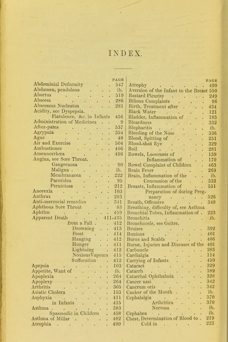 INDEX. Minn m i n 101 Tl o fn r m \i\r 4XUU.UllllllJd,l JL/ClUl Ilillj Y ■ • PAGE PAGE Z*A 7 Atrophy 490 A linninPTi Tipnr'iilfwio ilUUUiUCU| UCilLiUlU 110 • • • ill ID. Aversion of the Infant to the Breast 550 A l^nrfnc IlUUl LUo ■ • • a * M Q o iy DaotalU JrIculJay • . • • ^4y A nCPPGc rlUatcoa • • . . ZBO Rilinns (Inmnlaint<s XJXLLAJ U .j '''III ) J <l I U I > ■ a * A MGPOCC11D ATil rtl /Irtci xi-UaccooUS lNUCieaiUS • • • OOl un in, iredimeni direr . ■ 40-t ALicuLy, see uyspepsia. jjiaCit vi deer «... 101 I IdLUlLlH t , (XL. Ill lUTdillS 4:00 KlflnnPT* InflrnnTninn txf xtt.iiu.ci j i j i j lain in ti l k > i i i) . ■ 1 Administration of Medicines y jjiedruness «... ooi l\ ■ i~ A x* r\ own r« ^vitcr-pdins • • • . 00/ Rl PTin Qi'i+ic JJlCUildl ILlo • . , . . 10. A OTvniiin 004 jjj.ccu.iiig oi me iNose . • . OOU Ague . , . , . A f\ 4U Blood Snittino* nf -L-» 1UUI L j U jjl L bill tL \JL 9mm _ i j i Air and Exercise 504 Is 1 Ann ehnf Trir^i jjiuuu-oJioi/ jj>ye ■ . . . otrd Ambustiones . . . . 406 Rnil JJU11 • . . , . Amennorrhoea 496 JJU\Vcl&, AjUOaeUcSS OI • • 1 %Q lou Augina, see Sore Throat. AlllldlLlllldblUll Ul • • 17n I/O Gangrenosa . . . 90 Rr\wAi flmnTiloitrf oT fViil/irfiTi JJUYYCl vUlll (Jltllll L Ul vyllllLLL Cll ■ Maligna .... ib. ordin rever • ■ • • - J Membranacea . . . 222 jjidin, iiiiidmiiidi'ion or tile * * 1U. Parotidea 95 ooiicuaaion oi me > . Perniciosa 212 KvoQcfc 1 vi n n r>i tyi oti ah r\x DltuoLoj 111 lid I Hindi KM t Ul • • Jul Anorexia . .... 103 jrreparatiuii ui tiiiiiiig jrrcg- Anthrax .... 283 nancy . . . J-0 Anti-inercurial remedies . . 341 Breath, Offensive ... HQ 0-10 Aphthous Sore Throat 83 Ry*PJ1iTii n IT fl tfiSflllfTT (if CPA ActntYiJi Ul CdtlllLlLi, LllUlCUltY Ul, oCC il5 L ilLLltX Aphthaj ..... 459 Bronchial Tubes, Inflammation of . OO'X Apparent Death . . 411-435 Bronchitis «... ill 10. from a Fall . 412 jjioucoOLcie, see vjuitrc. Drowning . . 413 Bruises . • . . ■JQI) ovi, Frost 414 RnmoTis XJ UlUUuo ..... 401 Hanging . . 412 Burns and Scalds 406 Hunger . . 411 Bmsaj, Injuries and Diseases of the 401 Lightning 412 Carbuncle . . . . 283 NoxiousVapours 415 Cardialgia .... 114 Suffocation 412 Carrying of Infants 150 Apepsia 103 Cataract 329 Appetite, Want of ib. Catarrh ..... 189 Apoplexia . . . . 264 Catarrhal Ophthalmia . . . 328 Apoplexy .... 264 Cancer nasi .... 342 Arthritis 305 Cancrum oris . . . . 342 Asiatic Cholera 153 Canker of the Mouth . ib. Asphyxia 411 Cephalalgia .... 370 in Infants 435 Arthritica . . . 370 Asthma ...... 383 Nervosa ib. Spasmodic in Children 458 Ccphalfca ib. Asthma of Millar . . . . 482 Chest, Determination of Blood to . 219 Atrophia ..... 490 Cold in .... 223