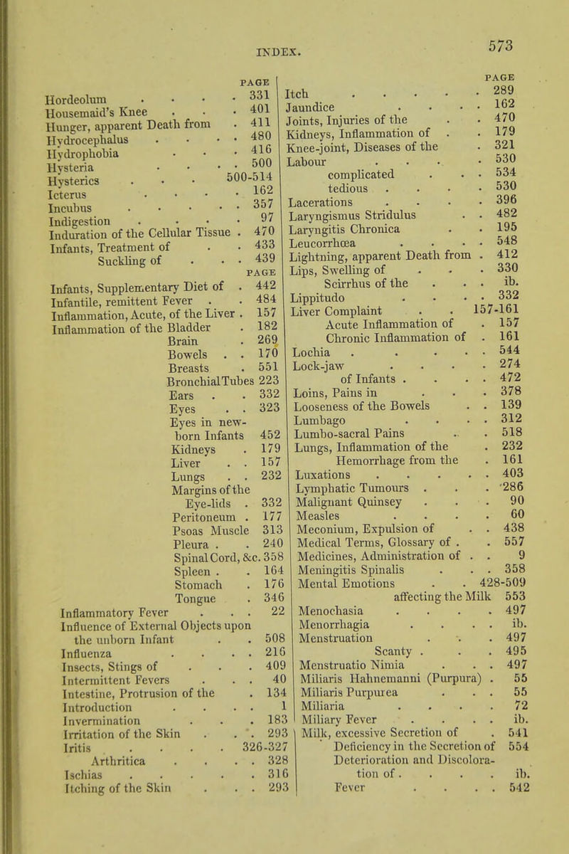 Hordeolum Housemaid's Knee Hunger, apparent Death from Hydrocephalus Hydrophohia Hvsteria PAGE 331 , 401 . 411 . 480 . 416 . 500 Hysterics . . • 500-514 Icterus • • • ' Incubus 357 Indigestion . • • °7 Induration of the Cellular Tissue . 470 Infants, Treatment of . • 433 Suckling of • • • 439 PAGE Infants, Supplementary Diet of . 442 Infantile, remittent Fever . . 484 Inflammation, Acute, of the Liver . 157 Inflammation of the Bladder . 182 Brain . 269 Bowels . . 170 Breasts . 551 Bronchial Tubes 223 Ears . .332 Eyes . . 323 Eyes in new- born Infants 452 Kidneys . 179 Liver . . 157 Lungs . . 232 Margins of the Eye-lids . 332 Peritoneum . 177 Psoas Muscle 313 Pleura . . 240 Spinal Cord, &C.358 Spleen . .164 Stomach . 176 Tongue . 346 Inflammatory Fever . . . 22 Influence of External Objects upon the unborn Infant . . 508 Influenza . . • • 210 Insects, Stings of 409 Intermittent Fevers . . . 40 Intestine, Protrusion of the . 134 Introduction .... 1 Invermination . . .183 Irritation of the Skin . . '. 293 Iritis .... 326-327 Artbritica . . . . 328 Iscbias 316 Itching of the Skin . . . 293 Itch .... Jaundice Joints, Injuries of the Kidneys, Inflammation of . Knee-joint, Diseases of the Labour complicated tedious Lacerations Laryngismus Stridulus Laryngitis Chronica Leucorrhcea Lightning, apparent Death from Lips, Swelling of Scirrhus of the Lippitudo PAGE 289 162 470 179 321 . 530 , 534 . 530 . 396 . 482 . 195 . 548 . 412 . 330 ib. . 332 Liver Complaint . . 157-161 Acute Inflammation of .157 Chronic Inflammation of . 161 Lochia . . ... 544 Lock-jaw .... 274 of Infants . . . . 472 Loins, Pains in ... 378 Looseness of the Bowels . . 139 Lumbago . • • • 312 Lumbo-sacral Pains .. . 518 Lungs, Inflammation of the . 232 Hemorrhage from the . 161 Luxations 403 Lymphatic Tumours . . . '286 Malignant Quinsey . . .90 Measles .... 60 Meconium, Expulsion of . . 438 Medical Terms, Glossary of . . 557 Medicines, Administration of . . 9 Meningitis Spinalis . . . 358 Mental Emotions . . 428-509 affecting the Milk 553 Menochasia .... 497 Menorrhagia . . . . ib. Menstruation . '. .497 Scanty . . .495 Menstruatio Nimia . . . 497 Miliaris Hahnemanni (Purpura) . 55 Miliaria Purpurea . . . 55 Miliaria .... 72 Miliary Fever . . . . ib. Milk, excessive Secretion of . 541 Deficiency in the Secretion of 554 Deterioration and Discolora- tion of. . . ib. Fever . . . . 542