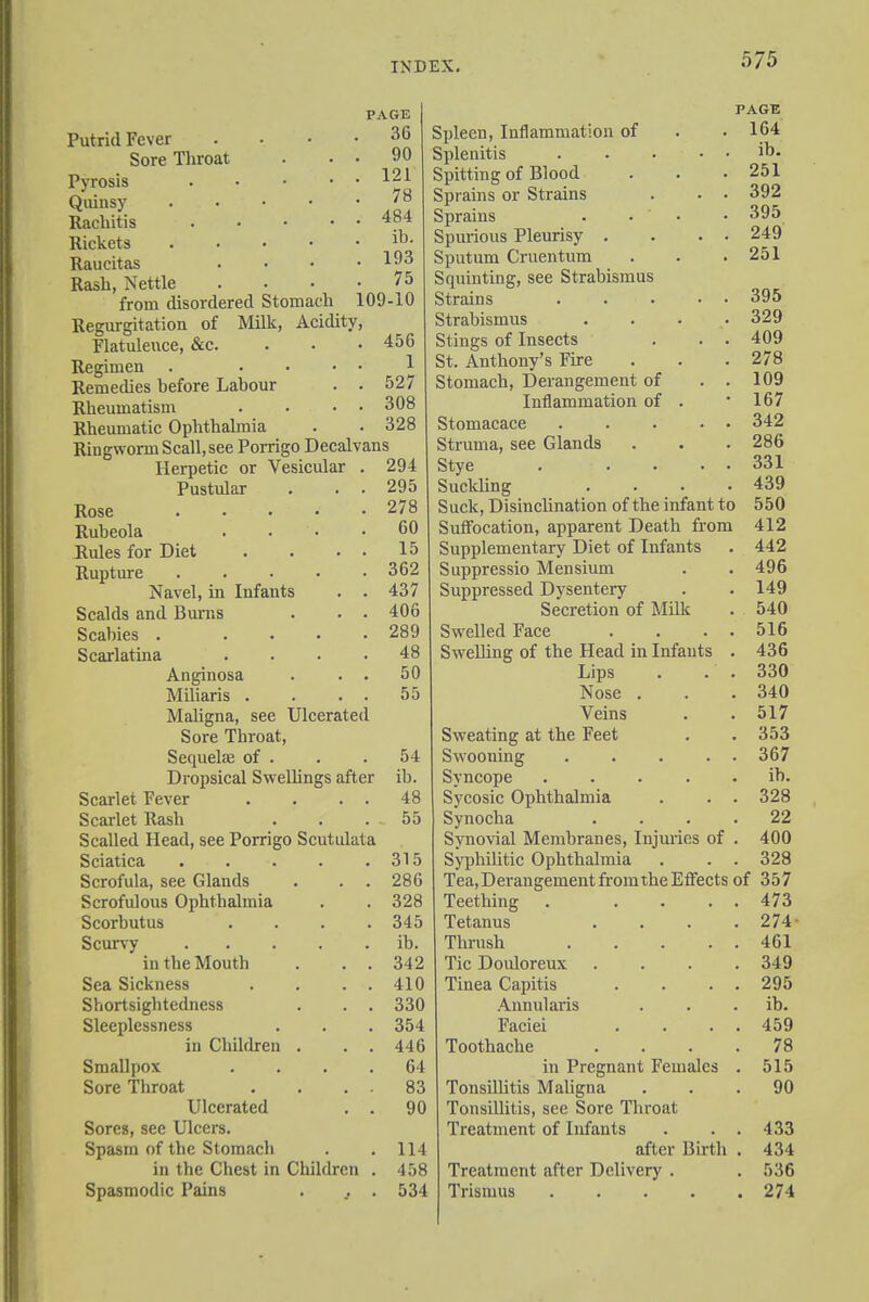 Putrid Fever Sore Throat Pyrosis .... Quinsy . Rachitis Rickets .... Raucitas Rash, Nettle from disordered Stomach PAGE 36 90 121 78 484 ih. 193 75 109-10 Regurgitation of Milk, Acidity, Flatulence, &c. Regimen . .... Remedies before Labour . • Rheumatism Rheumatic Ophthahnia 456 1 527 308 328 Ringworm Scall, see Porrigo Decalvans Herpetic or Vesicular Pustular . . . Rose Rubeola .... Rules for Diet . . . • Rupture ..... Navel, in Infants . . Scalds and Burns . . • Scabies . .... Scarlatina .... Anginosa . . . Miliaris . . . . Maligna, see Ulcerated Sore Throat, Sequelae of . Dropsical Swellings after Scarlet Fever Scarlet Rash Scalled Head, see Porrigo Scutulata Sciatica .... Scrofula, see Glands Scrofulous Ophthalmia Scorbutus Scurvy .... in the Mouth Sea Sickness Shortsightedness Sleeplessness in Children . Smallpox Sore Throat Ulcerated Sores, see Ulcers. Spasm of the Stomach in the Chest in Children Spasmodic Pains 294 295 278 60 15 362 437 406 289 48 50 55 54 ib. 48 55 315 286 328 345 ib. 342 410 330 354 446 64 83 90 114 458 534 Spleen, Inflammation of Splenitis Spitting of Blood Sprains or Strains Sprains Spurious Pleurisy . Sputum Cruentum Squinting, see Strabismus Strains Strabismus Stings of Insects St. Anthony's Fire Stomach, Derangement of Inflammation of Stomacace Struma, see Glands Stye . Suckling Suck, Disinclination of the infant to Suffocation, apparent Death from Supplementary Diet of Infants Suppressio Mensium Suppressed Dysentery Secretion of Milk Swelled Face . . . . Swelling of the Head in Infants . Lips . . . Nose . Veins Sweating at the Feet Swooning Syncope ..... Sycosic Ophthalmia . . . Synocha .... Synovial Membranes, Injuries of . Syphilitic Ophthalmia . . . Tea, Derangement from the Effects of 357 PAGE 164 ib. 251 392 395 249 251 395 329 409 278 109 167 342 286 331 439 550 412 442 496 149 540 516 436 330 340 517 353 367 ib. 328 22 400 328 Teething . .... 473 Tetanus . . . . 274- Thrush 461 TicDouloreux . . . .349 Tinea Capitis . . . . 295 Annularis . . ib. Faciei . . . . 459 Toothache .... 78 in Pregnant Females . 515 Tonsillitis Maligna ... 90 Tonsillitis, see Sore Throat Treatment of Infants . . . 433 after Birth . 434 Treatment after Delivery . . 536 Trismus 274