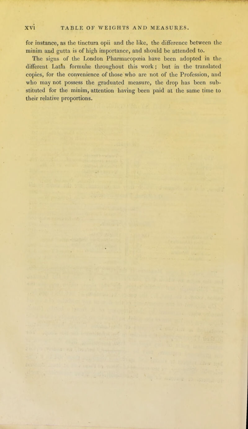 for instance, as the tinctura opii and the like, the difference between the minim and gutta is of high importance, and should be attended to. The signs of the London Pharmacopoeia have been adopted in the different Latfn formulae throughout this work; but in the translated copies, for the convenience of those who are not of the Profession, and who may not possess the graduated measure, the drop has been sub- stituted for the minim, attention having been paid at the same time to their relative proportions.