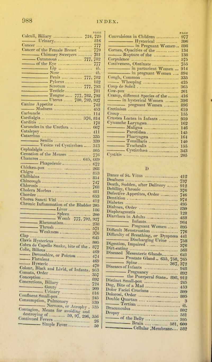 PAGE Calculi, Biliary 724, 725 Urinary {{IG Cancer 777 Cancer of the Female Breast .' 779 ■— Chimney JSweepers 781 Cutaneous 777, 7^2 of the Eye 777 I>ip ib. Nose ib. Penis 777, 782 Pylorus 1«2 — Scrotum 777, 7!'i — Testicle 781 ■ Tongue 777, 782, 7!J2 • Uterus 780, 7!»2, <»27 Canine Appetite 742 Madness . . Carl)uncle 114 Cardialgia .•{7G, 814 Carditis I'ja Caruncles in the Urethra {>V>^ Catalepsy 411 Catarrhus 335 • Senilis 3,3;) — A^esica' vel Cvstirrhwa :m:{ Cephalalgia '. <j()^ Cessatiim of the I\Ienses 77(; Chancres 045, {',{][) —; Phagedenic 072 Chicken-pox 2(i8 Chigre f.-.-j Chilblains {{54 Chincongh 747 Chlorosis ^pj; Cholera Morbus 4}{1 Chordee ^^r^•^ Chorea Sancti Viti 412 Chronic Inflammation of the Bladder 20-> -Liver 18G ■ —Spleen 200 Womb 777, 71)2, !)27 . Rheumatism 2.'i8 Thrush 5^1 — Weakness 37/; ;<j«P.-: Ji45 Clavis Hystericus }{(>r, Cobra de'Capello Snake, bite'of the ! 877 Cohc, Bilious 4(;f, Devonshire, or Poictou 474 Flatulent.... 4f.f, Hysteric ' Colour, Black and Livid, of infants'! Comata, Order Conception Concretions, Biliary 704 ' ■ Pt^'^' ••••••••• 209 ■ •— Urinary jjjg Confluent Small-pox  245 Consumption, Pulmonary 5,3^) 7^~T~- -/^'ervous, or Atrophy ! T)-?!) Contagion, IMeans for avoidin-r and destroying of 59,97, 296, :{oO Continued Fevers 26 Simple Fever 50 P.\V,F, Convulsions in Children 977 Hysterical .'{9f> in Pregnant Women .. H98 Cornea, Opacities of the 134 -—i Rupture of the 138 Corpulence 575 Costiveness, Obstinate 755 in parturient Women ... 914 iu i)regnjint Women .... 894 Cough, Common 335 Whooping 425 Coup de Soleil 305 Cow-pox 2f)l Cramp, different Species of the 416 in hy.sterical Women 396 ])regnant Women 896 (Jretini.sm C19 <-'roup 155 Crustea Lactea in Infants 959 Cynanche Laryngjea 162 Maligna 146 Parotidsea. 145 Pharyrigffia 164 Tonsillaris 140 Trachealis 155 Cystirrhpea 343 Cystitis 205 r> Dance of St. Vitus 412 Deafness 73j Death, Sudden, after Delivery ....... 912 Debility, Chronic 376 Defective Appetites, Order  746 Dentition Diabetes \ 4grj Dialyses, Order ' {^30 Diaphragmatis 128 Diairho?a in Adults 439 • Infants 964 Pregnant Women 895 Difticult Menstruation 776 DifHculty of Breathing, or Dyspnoea 441 — Discharging Urine 758 Digestion, Impaired 376 Dirt-eating Diseased IVIesenteric Glands.'.......!!. 641 — Prostate Gland .. 055, 758, 705 Spine 3{jy 3^2 Diseases of Infants ' ;)43 Pregnancy 392 rr-. tlie Puerperal State.. 898, 912 liistmct SmalUpox 24'i Dog, Bite of a Mad !!!!!!!!!!!! 453 Dolor Faciei Crucians !! 80'> Dolorosi, Order  g^jj Double Quartan ..!.*.!!!!!!! ...... 3 Tertian j-j^ Dracunculus ^^i^'^y '!!!!!!!!!!!!!!!!!!!!! ssi of the Belly 595 l^rain 581, 600 —————Cellular ;Membrane.... 682