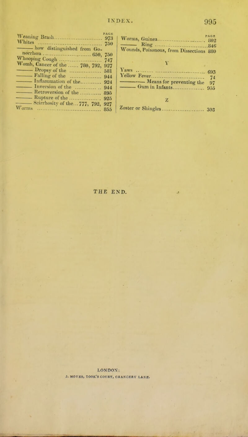 Ueamng Brash 973 ^^hites 750 ■ how distinguished from Go- nonhcL-a 050, 750 M hooping Cough 747 Womb, Cancer of the 78O, 792, 927 ■ Dropsy of the 581 Falling of the 944 Inflammation of the 924 Inversion of the 944 Retroversion of the 896 Rupture of the 925 Scirrhosity of the... 777, 792, 927 ^yoi-ms 855 VV onus, (luniea {502 — l^in? 846 \V ounds. Poisonous, from Dissections 880 Y • 693 lellow tever 74 _ Means for preventing the 97 Gum in Infants 955 Z Zoster or Shingles 308 THE END. LONDOX: J. MOVES, took's court, cbancbry lane.