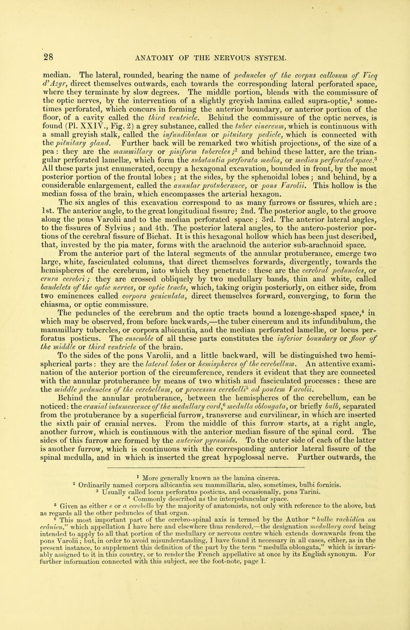 median. The lateral, rounded, bearing the name of peduncles of the corpus callosum of Vicq d'Azyr, direct themselves outwards, each towards the corresponding lateral perforated space, where they terminate by slow degrees. The middle portion, blends with the commissure of the optic nerves, by the intervention of a slightly greyish lamina called supra-optic,1 some- times perforated, which concurs in forming the anterior boundary, or anterior portion of the floor, of a cavity called the third ventricle. Behind the commissure of the optic nerves, is found (PL XXIV., Fig. 2) a grey substance, called the tuber cinereum, which is continuous with a small greyish stalk, called the infundibulum or pituitary pedicle, which is connected with the pituitary gland. Further back will be remarked two whitish projections, of the size of a pea : they are the mammillary or pisiform tubercles ;2 and behind these latter, are the trian- gular perforated lamellae, which form the substantia perforata media, or median perforated space? All these parts just enumerated, occupy a hexagonal excavation, bounded in front, by the most posterior portion of the frontal lobes ; at the sides, by the sphenoidal lobes; and behind, by a considerable enlargement, called the annular protuberance, or pons Varolii. This hollow is the median fossa of the brain, which encompasses the arterial hexagon. The six angles of this excavation correspond to as many furrows or fissures, which are: 1st. The anterior angle, to the great longitudinal fissure; 2nd. The posterior angle, to the groove along the pons Varolii and to the median perforated space ; 3rd. The anterior lateral angles, to the fissures of Sylvius ; and 4th. The posterior lateral angles, to the antero-posterior por- tions of the cerebral fissure of Bichat. It is this hexagonal hollow which has been just described, that, invested by the pia mater, forms with the arachnoid the anterior sub-arachnoid space. From the anterior part of the lateral segments of the annular protuberance, emerge two large, white, fasciculated columns, that direct themselves forwards, divergently, towards the hemispheres of the cerebrum, into which they penetrate: these are the cerebral peduncles, or crura cerebri; they are crossed obliquely by two medullary bands, thin and white, called bandelets of the optic nerves, or optic tracts, which, taking origin posteriorly, on either side, from two eminences called corpora geniculata, direct themselves forward, converging, to form the chiasma, or optic commissure. The peduncles of the cerebrum and the optic tracts bound a lozenge-shaped space,4 in which may be observed, from before backwards,—the tuber cinereum and its infundibulum, the mammillary tubercles, or corpora albicantia, and the median perforated lamellae, or locus per- forates posticus. The ensemble of all these parts constitutes the inferior boundary or floor of the middle or third ventricle of the brain. To the sides of the pons Varolii, and a little backward, will be distinguished two hemi- spherical parts : they are the lateral lobes or hemispheres of the cerebellum. An attentive exami- nation of the anterior portion of the circumference, renders it evident that they are connected with the annular protuberance by means of two whitish and fasciculated processes: these are the middle peduncles of the cerebellum, or processus cerebelli° ad pontem Varolii. Behind the annular protuberance, between the hemispheres of the cerebellum, can be noticed: the cranial intumescence of the medullary cord,6 medulla oblongata, or briefly bulb, separated from the protuberance by a superficial furrow, transverse and curvilinear, in which are inserted the sixth pair of cranial nerves. From the middle of this furrow starts, at a right angle, another furrow, which is continuous with the anterior median fissure of the spinal cord. The sides of this furrow are formed by the anterior pyramids. To the outer side of each of the latter is another furrow, which is continuous with the corresponding anterior lateral fissure of the spinal medulla, and in which is inserted the great hypoglossal nerve. Further outwards, the 1 More generally known as the lamina cinerea. 2 Ordinarily named corpora albicantia seu mammillaria, also, sometimes, bulbi fomicis. 3 Usually called locus perforatus posticus, and occasionally, pons Tarini. 4 Commonly described as the interpeduncular space. 5 Given as either e or a cerebello by the majority of anatomists, not only with reference to the above, but as regards all the other peduncles of that organ. 6 This most important part of the cerebro-spinal axis is termed by the Author  ljulbe rachidien ou erdnien, which appellation I have here and elsewhere thus rendered,—the designation medullary cord being intended to apply to all that portion of the medullary or nervous centre which extends downwards from the pons Varolii; but, in order to avoid misunderstanding, I have found it necessary in all cases, either, as in the present instance, to supplement this definition of the part by the term  medulla oblongata, which is invari- ably assigned to it in this country, or to render the French appellative at once by its English synonym. For further information connected with this subject, see the foot-note, page 1.