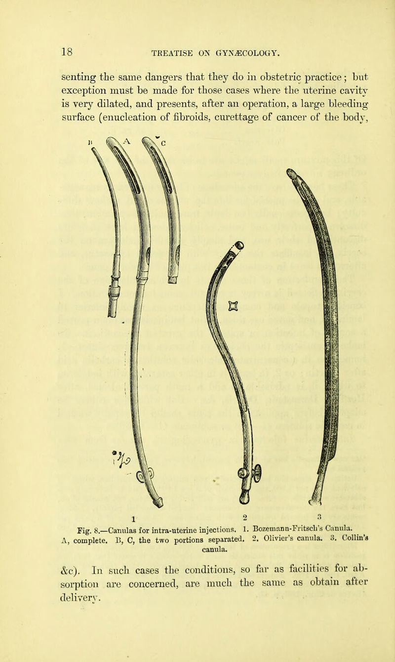 senting the same dangers that they do in obstetric practice; but, exception must be made for those cases where the uterine cavity is very dilated, and presents, after an operation, a large bleeding surface (enucleation of fibroids, curettage of cancer of the body, 1 2 Fig. 8.—Camtlas for intra-uterine injections. 1. Bozemann-Fritscli's Canula. A, complete. B, C, the two portions separated. 2. Oliviei s canula. 3. Collin's canula. &c). In such cases the conditions, so far as facilities for ab- sorption are concerned, are much the same as obtain after delivery.