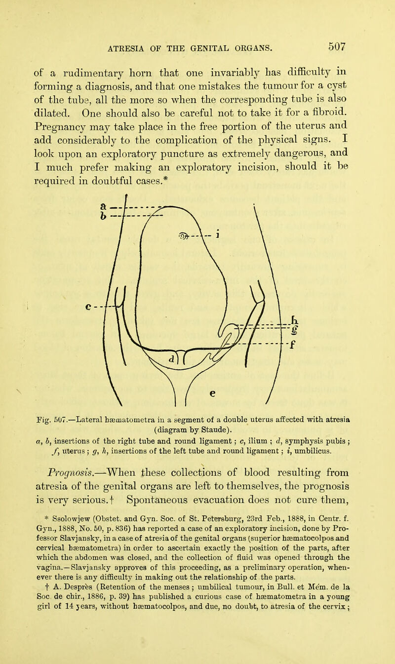 of a rudimentary horn that one invariably has difficulty in forming a diagnosis, and that one mistakes the tumour for a cyst of the tube, all the more so when the corresponding tube is also dilated. One should also be careful not to take it for a fibroid. Pregnancy may take place in the free portion of the uterus and add considerably to the complication of the physical signs. I look upon an exploratory puncture as extremely dangerous, and I much prefer making an exploratory incision, should it be required in doubtful cases.* Fig. 507.—Lateral hasuiatometra in a segment of a double uterus affected with atresia (diagram by Staude). «?, b, insertions of the right tube and round ligament; c, ilium ; d, symphysis pubis ; f, uterus ; g, h, insertions of the left tube and round ligament; i, umbilicus. Prognosis.—When these collections of blood resulting from atresia of the genital organs are left to themselves, the prognosis is very serious, t Spontaneous evacuation does not cure them, * Ssolowjew (Obstet. and Gyn. Soc. of St. Petersburg, 23rd Feb., 1888, in Centr. f. Gyn., 1888, No. 50, p. 836) has reported a case of an exploratory incision, done by Pro- fessor Slavjansky, in a case of atresia of the genital organs (superior hsematocolpos and cervical basmatometra) in order to ascertain exactly the position of the parts, after which the abdomen was closed, and the collection of fluid was opened through the vagina.—Slavjansky approves of this proceeding, as a preliminary operation, when- ever there is any difficulty in making out the relationship of the parts. t A. Despres (Retention of the menses ; umbilical tumour, in Bull, et Me'm. de la Soc. de chir., 1886, p. 39) has published a curious case of hsematometra in a young girl of 14 years, without hsematocolpos, and due, no doubt, to atresia of the cervix;