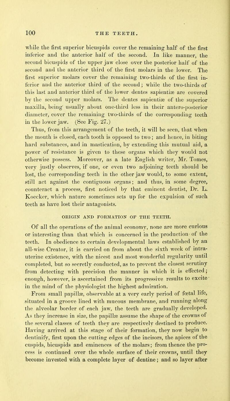 while the first superior bicuspids cover the remaining half of the first inferior and the anterior half of the second. In like manner, the second bicuspids of the upper jaw close over the posterior half of the second and the anterior third of the first molars in the lower. The first superior molars cover the remaining two-thirds of the first in- ferior and the anterior third of the second; while the two-thirds of this last and anterior third of the lower dentes sapientise are covered by the second upper molars. The dentes sapientise of the superior maxilla, being usually about one-third less in their antero-posterior diameter, cover the remaining two-thirds of the corresponding teeth in the lower jaw. (See Fig. 27.) Thus, from this arrangement of the teeth, it will be seen, that when the mouth is closed, each tooth is opposed to two; and hence, in biting hard substances, and in mastication, by extending this mutual aid, a power of resistance is given to these organs which they would not otherwise possess. Moreover, as a late English writer, Mr. Tomes, very justly observes, if one, or even two adjoining teeth should be lost, the corresponding teeth in the other jaw would, to some extent, still act against the contiguous organs; and thus, in some degree, counteract a process, first noticed by that eminent dentist, Dr. L. Koecker, which nature sometimes sets up for the expulsion of such teeth as have lost their antagonists. OKIGIN AND FORMATION OP THE TEETH. Of all the operations of the animal economy, none are more curious or interesting than that which is concerned in the production-of the teeth. In obedience to certain developmental laws established by an all-wise Creator, it is carried on from about the sixth week of intra- uterine existence, with the nicest and most wonderful regularity until completed, but so secretly conducted, as to prevent the closest scrutiny from detecting with precision the manner in which it is effected; enough, however, is ascertained from its progressive results to excite' in the mind of the physiologist the highest admiration. From small papillae, observable at a very early period of foetal life, situated in a groove lined with mucous membrane, and running along the alveolar border of each jaw, the teeth are gradually developed. As they increase in size, the papillse assume the shape of the crowns of the several classes of teeth they are respectively destined to produce. Having arrived at this stage of their formation, they now begin to dentinify, first upon the cutting edges of the incisors, the apices of the cuspids, bicuspids and eminences of the molars; from thence the pro- cess is continued over the whole surface of their crowns, until they become invested with a complete layer of dentine; and so layer after