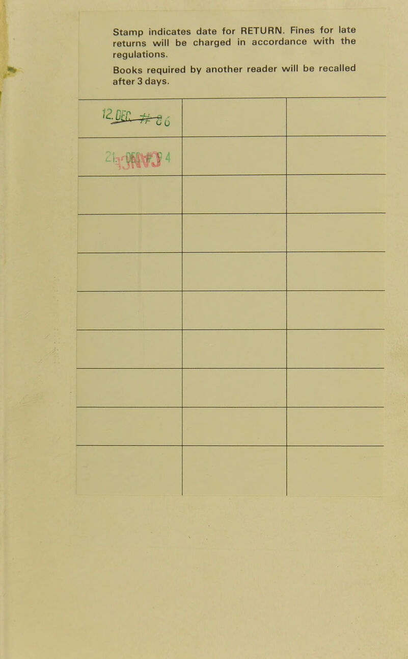 Stamp indicates date for RETURN. Fines for late returns will be charged in accordance with the regulations. Books required by another reader will be recalled after 3 days.