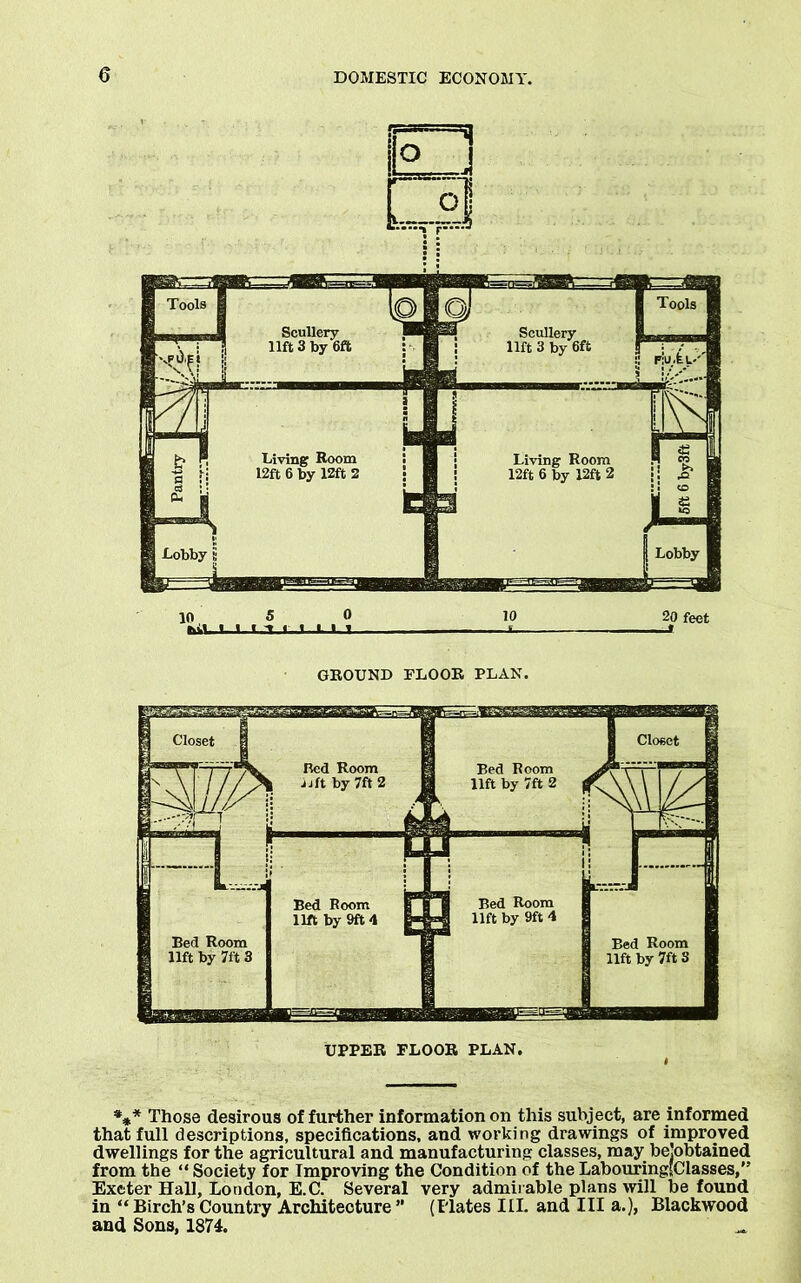 10 5 0 10 20 feet fciL UJ3 I I til s * GROUND FLOOR PLAN. *** Those desirous of further information on this subject, are informed that full descriptions, specifications, and working drawings of improved dwellings for the agricultural and manufacturing classes, may bejobtained from the “Society for Improving the Condition of theLabouringfClasses, Exeter Hall, London, E.C. Several very admirable plans will be found in “ Birch’s Country Architecture” (Plates III. and III a.), Blackwood and Sons, 1874. ^