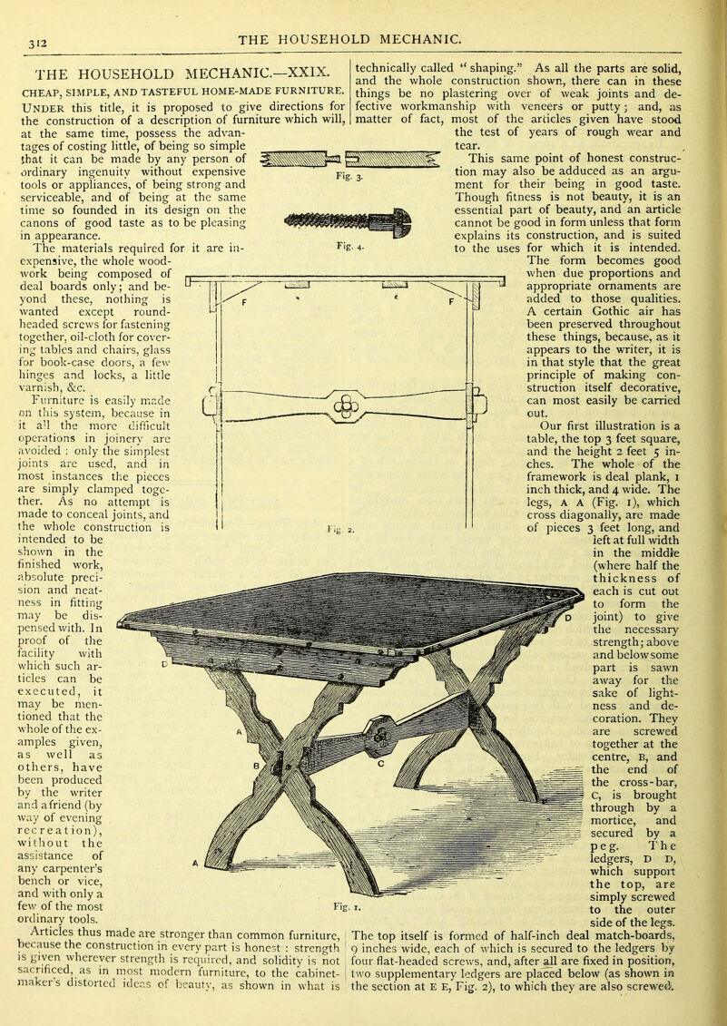 THE HOUSEHOLD MECHANIC. Fig. 3. THE HOUSEHOLD MECHANIC.—XXIX. CHEAP, SIMPLE, AND TASTEFUL HOME-MADE FURNITURE. Under this title, it is proposed to give directions for the construction of a description of furniture which will, at the same time, possess the advan- tages of costing little, of being so simple that it can be made by any person of ordinary ingenuity without expensive tools or appliances, of being strong and serviceable, and of being at the same time so founded in its design on the canons of good taste as to be pleasing in appearance. The materials required for it are in- 4. expensive, the whole wood- Avork being composed of deal boards only; and be- yond these, nothing is wanted except round- headed screws for fastening together, oil-cloth for cover- ing tables and chairs, glass for book-case doors, a few hinges and locks, a little varnish, &c. Furniture is easily made on this system, because in it a’l the more difficult operations in joinery arc avoided : only the simplest joints are used, and in most instances the pieces are simply clamped toge- ther. As no attempt is made to conceal joints, and the whole construction is intended to be shown in the finished work, .absolute preci- sion and neat- ness in fitting may be dis- pensed with. In proof of the facility with which such ar- ticles can be executed, it may be men- tioned that the whole of the ex- amples given, as well as others, have been produced by the writer and afriend (by way of evening rec r e a t ion), without the assistance of any carpenter’s bench or vice, and with only a few of the most ordinary tools. technically called “ shaping.” As all the parts are solid, and the whole construction shown, there can in these things be no plastering over of weak joints and de- fective workmanship with veneers or putty; and, as matter of fact, most of the articles given have stood the test of years of rough w'ear and tear. This same point of honest construc- tion may also be adduced as an argu- ment for their being in good taste. Though fitness is not beauty, it is an essential part of beauty, and an article cannot be good in form unless that form explains its construction, and is suited to the uses for which it is intended. The form becomes good Articles thus made are stronger than common furniture, because the construction in every part is honest : strength is given wherever strength is required, and solidity is not sacrificed, as in most modern furniture, to the cabinet- makei s distorted idc-as of beauty, as shown in what is when due proportions and appropriate ornaments are added to those qualities. A certain Gothic air has been preserved throughout these things, because, as it appears to the writer, it is in that style that the great principle of making con- struction itself decorative, can most easily be carried out. Our first illustration is a table, the top 3 feet square, and the height 2 feet 5 in- ches. The whole of the framework is deal plank, i inch thick, and 4 wfide. The legs, A A (Fig. i), which cross diagonally, are made of pieces 3 feet long, and left at full width in the middle (where half the thickness of each is cut out to form the joint) to give the necessary strength; above and below some part is sawn away for the sake of light- ness and de- coration. They are screwed together at the centre, B, and the end of the cross-bar, C, is brought through by a mortice, and secured by a peg. The ledgers, D D, which support the top, are simply screwed to the outer side of the legs. The top itself is formed of half-inch deal match-boards, 9 inches Avide, each of Avhich is secured to the ledgers by four flat-headed screws, and, after Ml are fixed in position, two supplementary ledgers are placed beloAV (as shoAvn in the section at E E, Fig. 2), to which they are also screwed.