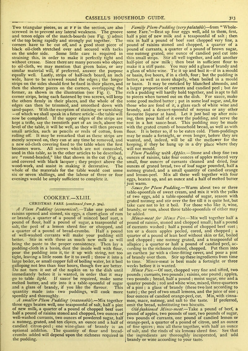 Two triangular pieces, as at F F in the section, are also screwed in to prevent any lateral weakness. The groove and tenon edges of the match-boards (see Fig. 3) admit of the top being rapidly and strongly put together. The corners have to be cut off, and a good stout piece of black oil-cloth stretched over and secured with tacks on the under side. Some little care is required in straining this, in order to make it perfectly tight and without crease. Since there are many persons who object to oil-cloth, we may mention that green baize, or any similar material will, if preferred, answer the purpose equally well. Lastly, strips of half-inch board, an inch wide, have to be screwed round the edges ; the longer strips on the sides should first be fixed in their places, and then the shorter pieces on the corners, overlapping the former, as shown in the illustration (see Fig. i). The corner strips, being each fastened by two screws, will keep the others firmly in their places, and the whole of the edges can then be trimmed, and smoothed down with sand-paper. With the exception of staining or varnishing —of which we shall speak in a future article—the table will now be completed. If the upper edges of the strips are kept a trifle, say the twentieth part of an inch, above the level of the table, it will be well, as they will then prevent small articles, such as pencils or reels of cotton, from rolling off. It may be remarked that as these strips are merely screwed on, they can at any time be removed, and a new oil-cloth covering fixed to the table when the first becomes worn. All screws which are not concealed, used in this table, as in the other articles to be described, are “ round-headed,” like that shown in the cut (Fig. 4), and covered with black lacquer ; they project above the wood-work, and assist in making it decorative. The whole of the materials for the table would cost some six or seven shillings, and the labour of three or four evenings would be amply sufficient to complete it. COOKERY.—XLIII. CHRISTMAS FARE [contmuedfrem p. A Plum Pudding {economical).—Take one pound of raisins opened and stoned, six eggs, a claret-glass of rum or brandy, a quarter of a pound of minced beef suet, a pound of flour, half a pound of sugar, a teaspoonful of salt, the peel of a lemon shred fine or chopped, and a quarter of a pound of bread-crumbs. Half a pound of well-washed currants will make your pudding still better. Stir in with these as much new milk as will bring the paste to the proper consistency. Then lay a pudding-cloth in a basin, dust the inside well with flour, pour the pudding into it, tie it up with string, not too tight, leaving a little room for it to swell ; throw it into a large boiler, or small copper full of boiling water, let it boil galloping not less than four hours, though five are better. Do not turn it out of the napkin on to the dish until immediately before it is wanted, in order that it may go to table light. If sauce’ be required, make some melted butter, and stir into it a table-spoonful of sugar and a glass of brandy, if you like the flavour. This quantity made into two puddings, will cook more speedily and thoroughly. A smaller Plum Puddmg {reasonable).—Mix together three eggs beaten well, one teaspoonful of salt, half a pint of new milk, a quarter of a pound of chopped beef suet half a pound of raisins stoned and chopped, two ounces of well-washed currants, two ounces of powdered sugar, half a nutmeg, grated, and ten cloves, an ounce and a half of candied citron-peel; one wine-glass of brandy is an optional addition. The quantity of flour and bread- crumbs added will depend upon the richness required in the pudding. Family Plum-Pudding {verypalatable)—from “ Whole- some Fare.”—Beat up four eggs well, add to them, first, half a pint of new milk and a teaspoonful of salt; then mix in half a pound of beef suet chopped very fine, a pound of raisins stoned and chopped, a quarter of a pound of currants, a quarter of a pound of brown sugar, one nutmeg grated, one ounce of candied peel cut into thin small strips. Stir all well together, and add another half-pint of new milk; then beat in sufficient flour to make it a stiff paste. You may add a glass of brandy and a glass of white wine. Tie it up and boil it—if in a mould or basin, five hours, if in a cloth, four; but the pudding is better, as well as more shapely, when boiled in a mould or basin. It may be enriched by blanched almonds, and a larger proportion of currants and candied peel; but too rich a pudding will hardly hold together, and is apt to fall to pieces when turned out on the dish. For sauce, make some good melted butter ; put in some loaf sugar, and, for those who are fond of it, a glass each of white wine and brandy, and a dessert-spoonful of noyeau or any other favourite liqueur at hand. Let it just boil up after mix- ing, then pour half of it over the pudding, and serve the rest in a hot sauce-boat. This pudding may be made with the grated crumb of household bread, as well as with flour. It is better so, if to be eaten cold. Plum-puddings may be made a fortnight, or even longer, before they are wanted, and, indeed, will be all the mellower for the keeping, if they be hung up in a dry place where they will not mould. Plum Pudding with Apples.—Stone and chop fine two ounces of raisins, take four ounces of apples minced very small, four ounces of currants cleaned and dried, four ounces of grated bread, tv/o of loaf sugar pounded, half a nutmeg grated, and a small quantity of candied orange and lemon-peel. Mix all these well together with four eggs, beaten up, and an ounce and a half of melted butter just warm. Sauce for Plum Pudding.—Warm about two or three table-spoonfuls of sweet cream, and mix it with the yolks of two eggs, add a table-spoonful of sugar, season with grated nutmeg and stir over the fire till it is quite hot, but take care not to let it boil. For those who like it, wine, brandy, or rum, about three table-spoonfuls of either may be added. Mince-meat for Mince Pies.—Mix well together half a pound of raisins, stoned and chopped small; half a pound of currants washed ; half a pound of chopped beef suet; ten or a dozen apples peeled, cored, and chopped ; a quarter of a pound of lean beef without skin or fat, boiled and chopped; one nutmeg grated, and a teaspoonful of allspice; a quarter or half a pound of candied peel, ac- cording to the richness desired, chopped. Put them into an earthen jar with a close-fitting cover, and pour a pint of brandy over them. Stir up these ingredients from time to time. Mince-meat is best made a fortnight or three weeks before it is wanted. Mince Pies.—Of suet, chopped very fine and sifted, two pounds ; currants, two pounds ; raisins, one pound; apples, two pounds ; bread, half a pound ; moist sugar, one and a quarter pounds ; red and white wine, mixed, three-quarters of a pint; a glass of brandy (these two last according to taste); the peel of two small lemons, and the juice of one ; four ounces of candied orange-peel, cut. Mix, with cinna- mon, mace, nutmeg, and salt to the taste. If preferred, omit the bread, substituting two biscuits. Old-fashioned Mince-meat.—Take a pound of beef, a pound of apples, two pounds of suet, two pounds of sugar, two pounds of currants, one pound of candied lemon or orange-peel, a quarter of a pound of citron, and an ounce of fine spices ; mix all these together, with half an ounce of salt, and the rinds of six lemons shred fine. See that the ingredients are thoroughly incoporated, and add brandy or wine according to your taste.