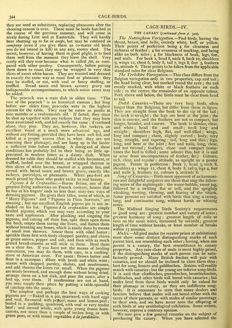 they are used as substitutes, replacing pheasants after the shooting-season is over. These must be birds hatched in the course of the previous summer, and will come in nicely during Lent and at Eastertide. They will hardly bear shutting up to fat in coops, but may be confined in company (even if you give them as co-mates old birds you do not intend to kill) in any airy, roomy shed. The secret, however, of having them in good plight, is to feed them welt from the moment they leave the shell. Very rarely will they ever become what is called fat, as com- pared with other poultry. Consequently, before putting them down to roast, they may be wrapped in very thin slices of sweet white bacon. They are trussed and dressed in exactly the same way as roast fowl or pheasant; they may be stuffed, or not, with veal or fancy stuffing, or truffled. Bread sauce and brown savoury gravy are indispensable accompaniments, to which onion sauce may be added. The peacock was a state dish in olden time. “The vow of the peacock” is an historical custom ; but long before our olden time, peacocks were in the highest esteem for the table. They may be eaten as poults at nine months or a twelvemonth old. If fatted, they must be shut up together with any turkeys that they may have been associated with, and fed exactly the same ; if confined alone, they pine. They are, however, like turkeys, an excellent viand at a much more advanced age, and without any fatting, provided they have been well fed, and killed at a proper season (that is, when they are not renewing their plumage), and are hung up in the larder a sufficient time before cooking. A disregard of these conditions has probably led to their being so little ap- preciated in modern times as a dainty dish. When dressed for table they should be stuffed with forcemeat, or truffled, larded over the breast, or wrapped thereon in thin slices of white bacon, roasted at a gentle fire, and served with bread sauce and brown gravy, exactly like turkeys, partridges, or pheasants. White pea-fowl are much prized by those who prefer rarity to real beauty. Pigeons d. la Crapaudine.—Baron Brisse, one of the greatest living authorities on French cookery, boasts that he has at his fingers’ ends no less than si.xty-two ways of dressing pigeons. He gives their titles, some of which, as “ Merry Pigeons” and “ Pigeons in Plain Surtouts,” are amusing ; but our excellent English pigeon pie is not in- cluded on his list. Pigeons d la crapa2idine are simply broiled pigeons, which you may vary according to your taste and appliances. After plucking and singeing the pigeons, and cutting off their feet, split them open down the back, empty them saving the livers, and flatten them without breaking any bones, which is easily done by means of small iron skewers. Smear them with oiled butter; sprinkle them first with finely-chopped parsley, and chives or green onions, pepper and salt, and then with as much grated bread-crumbs as will stick to them. Broil them on a clear fire. If you have not the means of broiling convenient, you may do them, with care, in a cooking- stove or American oven. For sauce : Brown butter and flour in a saucepan ; dilute with broth and white .wine ; season with chopped parsley, shalots, and mushrooms, and add thereto the livers cut small. When the pigeons are nicely browned, and enough done without being dried, arrange them on a hot dish, and pour the sauce, after a boil up, over them. If mushrooms are not at hand, you may supply their place by putting a table-spoonful of catchup into the sauce. The simplest and perhaps the best ways of cooking pigeons are Baked in a pie, quartered, with hard eggs and veal, flavoured with pepper, mace and lemon-peel; boiled m a pudding, quartered, with veal or very tender beef; and stewed whole, with quite young frame horn- carrots, not more than a couple of inches long, or with green peas, or with mixed vegetables P la jardinilre. CAGE-BIRDS.—IV. THE CANARY {continued from p. 322). The Nottmgham Variegation.—Pied birds, having the throat, breast, and belly, entirely white, buff, or yellow. Their points of perfection being 4 for clearness and richness of feather ; 4 for evenness of marking, and being alike on both sides ; 4 for blackness of beak, legs, feet, and nails. For beak 2, head 8, neck 8, back 10, shoulders 9, wings 12, chest 6, body 8, tail 7, legs 8, feet 3, feathers 10, attitude 6. These points to be taken from the applicable standard rules for clear Belgians. The Yorkshire Variegation.—This class differs from the Belgian variegation only in two properties, cap and tail; the head being clear, but marked round the eyes ; the tail evenly marked, with white or black feathers on each side ; in the centre, the remainder of an opposite colour.. Both above and below, the birds must be clear from head to tail. Dutch Canaries.—These are very long birds, often longer than the Belgians, but differ from them in figure. They are straight from the beak to the tip of the tail; the neck is straight ; the legs are bent at the joint; the skin is coarser, and the feathers are not so compact, but longei', broader, and coarser. The beak is slender, clear, and white; head flat and small; neck long and straight ; shoulders high, flat, and well-filled; wings, long and compact ; chest, slightly curved ; body, very long, straight, and tapering ; tail, long and thin ; legs, long, and bent at the joint; feet and nails, long, clear, and not twisted; feathers, close and compact (some- times the bird is frilled; some admire this, but it is said to arise from uncompactness of feather, &c.) Colours, rich, clear, and regular; attitude, as upright as a pouter pigeon. Points in perfection: Beak 2, head 3, neck 8, shoulders 9 ; wings 12, chest 6, body 8, tail 9, legs 4, feet and nails 3, feathers 10, colours 9, attitude 6. Song of Canaries.—Birds most approved of as harmoni- ous and delightful songsters are those that sing the follow- ing notes of the nightingale : the water-bubble, sweet jug, followed by a switling flut or trill, and the sprightly whisking, weeting, chowing, and fearing of the titlark. Some persons are satisfied with birds that sing a strong, long, and continuous song, without harsh or whining notes. The Midland Singing Birds Society’s requirements in good song are: greatest number and variety of notes ; greatest harmony of song ; greatest length of rolls or runs on the same notes, measured by seconds; greatest length of time without breaks, or least number of breaks within 15 minutes. Mules.—All pied mules (to receive prizes at exhibitions) must show some distinct distinguishing marks of each parent bird, not resembling each other; having, when one parent is a canary, the best resemblance to canary properties. Any rare class of mule is most highly prized, if the distinguishing marks of each parent can be satis- factorily proved. Many British finches will pair with canaries, and we should be inclined to class them thus; best for song, linnets and goldfinches. Siskins will readily match with canaries; but the young are inferior song-birds. It is said that chaffinches, greenfinches, bramblefinches, bullfinches, and other birds will breed with canaries ; but mules bred from these birds would only be valued for their plumage or variety, as they are indifferent song- birds. It is necessary to state that many dealers and fanciers believe that mules will not breed either with the races of their parents, or with mules of similar parentage . to their own, and we have never seen the offspring of such birds at any ornithological exhibition. Some writers, however, express a contrary opinion. We now give a few general remarks on the subject of purchasing the canary. When you have selected the