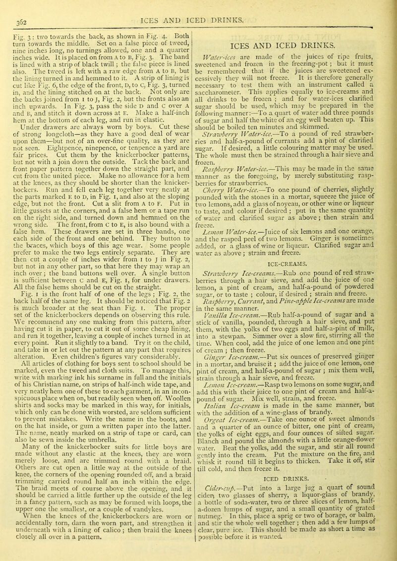 ;62 ICES AND ICED DRINKS. Fig. 3 : two towards the back, as shown in Fig. 4. Both turn towards the middle. Set on a false piece of tweed, nine inches long, no turnings allovred, one and a quarter inches wide. It is placed on from A to B, Fig. 3. The band is lined with a strip of black twill; the false piece is lined also. The tweed is left with a raw edge from A to B, but the lining turned in and hemmed to it. A strip of lining is cut like Fig. 6, the edge of the front, D, to c, Fig. 3, turned in, and the lining stitched on at the back. Not only are the backs joined from i to J, Fig. 2, but the fronts also an inch upwards. In Fig. 3, pass the side D and C over A and E, and stitch it down across at E. Make a half-inch hem at the bottom of each leg, and run in elastic. Under drawers are always worn by boys. Cut these of strong longcloth—as they have a good deal of wear upon them—but not of an over-fine quality, as they are not seen. Eightpence, ninepence, or tenpence a yard are fair prices. Cut them by the knickerbocker patterns, but not with a join down the outside. Tack the back and front paper pattern together down the straight part, and cut from the united piece. Make no allowance for a hem at the knees, as they should be shorter than the knicker- bockers. Run and fell each leg together very neatly at the parts marked E to D, in Fig. i, and also at the sloping edge, but not the front. Cut a slit from A to F. Put in little gussets at the corners, and a false hem or a tape run on the right side, and turned down and hemmed on the wrong side. The front, from c to E, is also bound with a false hem. These drawers are set in three bands, one each side of the front and one behind. They button to the bi'aces, which boys of this age wear. Some people prefer to make the two legs entirely separate. They are then cut a couple of inches wider from i to j in Fig. 2, but not in any other part, so that here they may wrap an inch over; the band buttons well over. A single button is sufficient between c and E, Fig. i, for under drawers. All the false hems should be cut on the straight. Fig. I is the front half of one of the legs ; Fig. 2, the back half of the same leg. It should be noticed that Fig. 2 is much broader at the seat than Fig. i. The proper set of the knickerbockers depends on observing this rule. We recommend any one making from this pattern, after having cut it in paper, to cut it out of some cheap lining, and run it together, leaving a couple of inche's turned in at every point. Run it slightly to a band. Try it on the child, and take in or let out the pattern at any part that requires alteration. Even children’s figures vary considerably. All articles of clothing for boys sent to school should be marked, even the tweed and cloth suits. To manage this, write with marking ink his surname in full and the initials of his Christian name, on strips of half-inch wide tape, and very neatly hem one of these to each garment, in an incon- spicuous place when on, but readily seen when off. Woollen shirts and socks may be marked in this way, for initials, which only can be done with worsted, are seldom sufficient to prevent mistakes. Write the name in the boots, and on the hat inside, or gum a written paper into the latter. The name, neatly marked on a strip of tape or card, can also be sewn inside the umbrella. Many of the knickerbocker suits for little boys are made without any elastic at the knees, they are worn merely loose, and are trimmed round with a braid. Others are cut open a little way at the outside of the knee, the corners of the opening rounded off, and a braid trimming carried round half an inch within the edge. The braid meets of course above the opening, and it should be carried a little further up the outside of the leg in a fancy pattern, such as may be formed with loops, the upper one the smallest, or a couple of Vandykes. When the knees of the. knickerbockers are worn or accidentally torn, darn the worn part, and strengthen it underneath with a lining of calico ; then braid the knees closely all over in a pattern. ICES AND ICED DRINKS. Water-ices are made of the juices of ripe fruits, sweetened and frozen in the freezing-pot ; but it must be remembered that if the juices are sweetened ex- cessively they will not freeze. It is therefore generally necessary to test them with an instrument called a saccharometer. This applies equally to ice-creams and all drinks to be frozen ; and for water-ices clarified sugar should be used, which may be prepared in the following manner:—To a quart of water add three pounds of sugar and half the white of an egg well beaten up. This should be boiled ten minutes and skimmed. Strawberry Water-ice.—To a pound of red strawber- ries and half-a-pound of currants add a pint of clarified sugar. If desired, a little colouring matter may be used. The whole must then be strained through a hair sieve and frozen. Raspberry Water-ice.—This may be made in the same manner as the foregoing, by merely substituting rasp- berries for strawberries. Cherry Water-ice.—To one pound of cherries, slightly pounded with the stones in a mortar, squeeze the juice of two lemons, add a glass ofnoyeau, or other wine or liqueur to taste, and colour if desired ; put in the same quantity of water and clarified sugar as above; then strain and freeze. Lemon Water-ice.—Juice of six lemons and one orange, and the rasped peel of two lemons. Ginger is sometimes added, or a glass of wine or liqueur. Clarified sugar and water as above ; strain and freeze. ICE-CREAMS. Strawberry Ice-creams.—Rub one pound of red straw- berries through a hair sieve, and add the juice of one lemon, a pint of cream, and half-a-pound of powdered sugar, or to taste ; colour, if desired ; strain and freeze. Raspberry, Ctirrant, and Pine-apple Ice-creams are made in the same manner. Vanilla Ice-creajn.—Rnh half-a-pound of sugar and a stick of vanilla, pounded, through a hair sieve, and put them, with the yolks of two eggs and half-a-pint of milk, into a stewpan. Simmer over a slow fire, stirring all the time. When cool, add the juice of one lemon and one pint of cream ; then freeze. Ginger Ice-cream.—six ounces of preserved ginger in a mortar, and bruise it ; add the juice of one lemon, one pint of cream, and half-a-pound of sugar ; mix them well, strain through a hair sieve, and freeze. Lemo7i Icc-crea7ii.—Rasp two lemons on some sugar, and add this with their juice to one pint of cream and half-a- pound of sugar. Mix well, strain, and freeze. Italia7i Ice-crea77i is made in the same manner, but with the addition of a wine-glass of brandy. Orgeat Ice-crea77i.—Take one ounce of sweet almonds and a quarter of an ounce of bitter, one pint of cream, the yolks of eight eggs, and four ounces of sifted sugar. Blanch and pound the almonds with a little orange-flower water. Beat the yolks, add the sugar, and stir all round gently into the cream. Put the mixture on the fire, and whisk it round till it begins to thicken. Take it off, stir till cold, and then freeze it. ICED DRINKS. Cider-cnp.—Vv\\. into a large jug a quart of sound ciden, two glasses of sherry, a liquor-glass of brandy, a bottle of soda-water, two or three slices of lemon, half- a-dozen lumps of sugar, and a small quantity of grated nutmeg. 1 n this, place a sprig or two of borage, or balm, and stir the whole well together ; then add a few lumps of clear, pure ice. This should be made as short a time as possible before it is v-anted