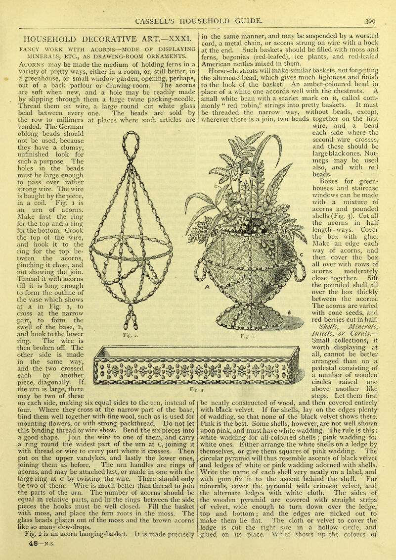 HOUSEHOLD DECORATIVE ART.—XXXI. FANCY WORK WITH ACORNS—MODE OF DISPLAYING MINERALS, ETC., AS DRAWING-ROOM ORNAMENTS. Acorns may be made the medium of holding ferns in a variety of pretty ways, either in a room, or, still better, in a greenhouse, or small window garden, opening, perhaps, out of a back parlour or drawing-room. The acorns are soft when new, and a hole may be readily made by slipping through them a large twine packing-needle. Thread them on wire, a large round cut white glass bead between every one. The beads are sold by the row to milliners at places where such articles arc vended. The German oblong beads should not be used, because they have a clumsy, unfinished look for such a purpose. The holes in the beads must be large enough to pass over rather strong wire. The wire is bought by the piece, in a coil. Fig. i is an urn of acorns. -Make first the ring for the top and a ring for the bottom. Crook the top of the wire, and hook it to the ring for the top be- tween the acorns, pinching it close, and not showing the join. Thread it with acorns till it is long enough to form the outline of the vase which shows at A in Fig. i, to cross at the narrow part, to form the swell of the base, L, and hook to the lower ring. The wire is then broken off. The other side is made in the same way, and the two crossed each by another piece, diagonally. I f the urn is large, there may be two of these on each side, making six equal sides to the urn, instead of four. Where they cross at the narrow part of the base, bind them well together with fine wool, such as is used for mounting flowers, or with strong packthread. Do not let this binding thread or wire show. Bend the six pieces into a good shape. Join the wire to one of them, and carry a ring round the widest part of the urn at C, joining it with thread or wire to every part where it crosses. Then put on the upper Vandykes, and lastly the lower ones, joining them as before. The urn handles are rings of acorns, and may be attached last, or made in one with the large ring at c by twisting the wire. There should only be two of them. Wire is much better than thread to join the parts of the urn. The number of acorns should be equal in relative parts, and in the rings between the side pieces the hooks must be well closed. Fill the basket with moss, and place the fern roots in the moss. The glass beads glisten out of the moss and the brown acorns like so many dew-drops. Fig. 2 is an acorn hanging-basket. It is made precisely i 48—N.s. in the same manner, and may be suspended by a worsted cord, a metal chain, or acorns strung on wire with a hook at the end. Such baskets should be filled with moss and ferns, begonias (red-leafed), ice plants, and red-leafed American nettles mixed in them. Horse-chestnuts will make similar baskets, not forgetting the alternate bead, which gives much lightness and finish to the look of the basket. An amber-coloured bead in place of a white one accords well with the chestnuts. A small white bean with a scarlet mark on it, called com- monly “ red robin,” strings into pretty baskets. It must be threaded the narrow way, without beads, except, ivherever there is a join, two beads together on the first wire, and a bead each side where the second wire crosses, and these should be large black ones. Nut- megs may be used also, and with red beads. Boxes for green- houses and staircase windows can be made with a mixture of acorns and pounded shells (Fig. 3). Cut all the acorns in half length - ways. Cover the box vvith glue. Make an edge each way of acorns, and then cover the box all over with rows of acorns moderately close together. Sift the pounded shell all over the box thickly between the acorns. The acorns are varied with cone seeds, and red berries cut in half. Shells, Minerals, Insects, or Corals.— Small collections) if worth displaying at all, cannot be better arranged than on a pedestal consisting of a number of wooden circles raised one above another like, steps. Let them first be neatly constructed of wood, and then covered entirely with black velvet. If for shells, lay on the edges plenty of wadding, so that none of the black velvet shows there. Pink is the best. Some shells, however, are not well shown upon pink, and must have white wadding. The rule is this; white wadding for all coloured shells; pink wadding foi white ones. Either arrange the white shells on a ledge by themselves, or give them squares of pink wadding. The circular pyramid will thus resemble ascents of black velvet and ledges of rvhite or pink wadding adorned with shells. Write the name of each shell very neatly on a label, and with gum fix it to the ascent behind the shell. For minerals, cover the pyramid with crimson velvet, .and the alternate ledges with white cloth. The sides of the wooden pyramid are covered with straight strips of velvet, wide enough to turn down over the ledge, top and bottom; and the edges are nicked out to make them lie flat. The cloth or velvet to cover the ledge is cut the right size in a hollow circle, and glued on its place, shows up the colours of