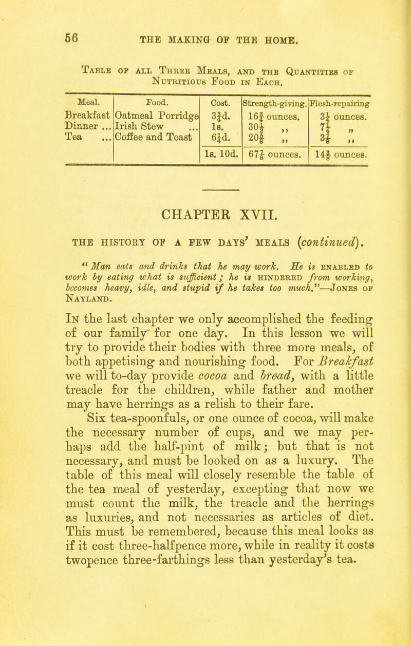 Table op all Three Meals, and the Quantities of Nutritious Food in Each. Meal. Breakfast Dinner ... Tea Pood. Oatmeal Porridge Irish Stew Coffee and Toast Cost. 3fd. Is. 6|d. Strength-giving. I6| ounces. 30^ >) 20| „ Plesh-rei)airing ounces. n ,, 3| „ Is. lOd. 67|- ounces. I4f ounces. CHAPTER XVII. THE HISTORY OF A PEW DAYS' MEALS {continued), “ Man eats and drinks that he may work. He is enabled to work by eating what is sufficient; he is hindered from working, becomes heavy, idle, and stupid if he takes too much.—Jones op Nayland. In the last chapter we only accomplished the feeding of our family for one day. In this lesson we will try to provide their bodies with three more meals, of both appetising and nourishing food. For Breakfast we will to-day provide cocoa and bread, with a little treacle for the children, while father and mother may have herrings as a relish to their fare. Six tea-spoonfuls, or one ounce of cocoa, will make the necessary number of cups, and we may per- haps add the half-pint of milk; but that is not neeessaiy, and must he looked on as a luxury. The table of this meal will closely resemble the table of the tea meal of yesterday, excepting that now we must count the milk, the treacle and the herrings as luxuries, and not necessaries as articles of diet. This must he remembered, because this meal looks as if it cost three-halfpence more, while in reality it costs twopence three-farthings less than yesterday’s tea.