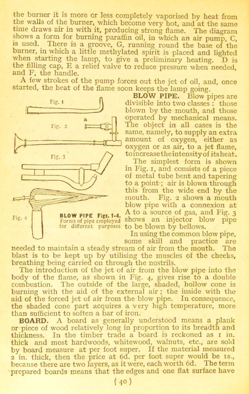 the burner it is more or less completely vaporised by heat from the walls of the burner, which become very hot, and at the same time draws air in with it, producing strong flame. The diagram shows a form for burning paraffin oil, in which an air pump, C, is used. There is a groove, G, running round the base of the burner, in which a little methylated spirit is placed and lighted when starting the lamp, to give a preliminary heating. D is the filling cap, E a relief valve to reduce pressure when needed, and F, the handle. A few strokes of the pump forces out the jet of oil, and, once started, the heat of the flame soon keeps the lamp going. BLOW PIPE. Blow pipes are divisible into two classes : those blown by the mouth, and those operated by mechanical means. The object in all cases is the same, namely, to supply an extra amount of oxygen, either as oxygen or as air, to a jet flame, toincreasetheintensity of itsheat. The simplest form is shown in Fig. i, and consists of a piece of metal tube bent and tapering to a point; air is blown through this from the wide end by the mouth. Fig. 2 shows a mouth blow pipe with a connexion at A to a source of gas, and Fig. 3 shows an injector blow pipe to be blown by bellows. In using the common blow pipe, some skill and practice are needed to maintain a steady stream of air from the mouth. The blast is to be kept up by utilising the muscles of the cheeks, breathing being carried on through the nostrils. The introduction of the jet of air from the blow pipe into the body of the flame, as shown in Fig. 4, gives rise to a double combustion. The outside of the large, shaded, hollow cone is burning with the aid of the external air ; the inside with the aid of the forced jet of air from the blow pipe. In consequence, the shaded cone part acquires a very high temperature, more than sufficient to soften a bar of iron. BOARD. A board as generally understood means a plank or piece of wood relatively long in proportion to its breadth and thickness. In the timber trade a board is reckoned as 1 in. thick and most hardwoods, whitewood, walnuts, etc., are sold by board measure at per foot super. If the material measured 2 in. thick, then the price at 6d. per foot super would be is., because there are two layers, as it were, each worth 6d. The term prepared boards means that the edges and one flat surface have