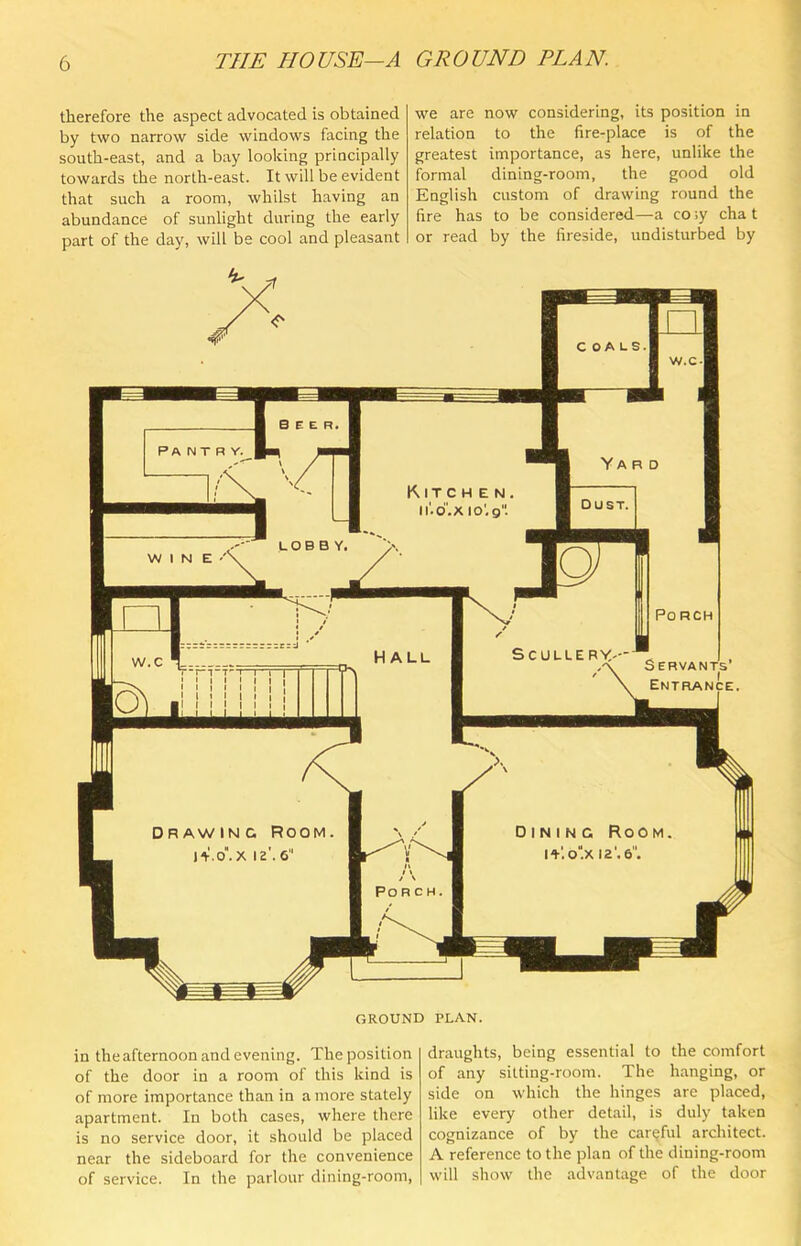 THE HOUSE—A GROUND PLAN. therefore the aspect advocated is obtained by two narrow side windows facing the south-east, and a bay looking principally towards the north-east. It will be evident that such a room, whilst having an abundance of sunlight during the early part of the day, will be cool and pleasant we are now considering, its position in relation to the fire-place is of the greatest importance, as here, unlike the formal dining-room, the good old English custom of drawing round the fire has to be considered—a co;y chat or read by the fireside, undisturbed by GROUND PLAN. in theafternoon and evening. The position of the door in a room of this kind is of more importance than in a more stately apartment. In both cases, where there is no service door, it should be placed near the sideboard for the convenience of service. In the parlour dining-room, draughts, being essential to the comfort of any sitting-room. The hanging, or side on which the hinges are placed, like every other detail, is duly taken cognizance of by the careful architect. A reference to the plan of the dining-room will show the advantage of the door