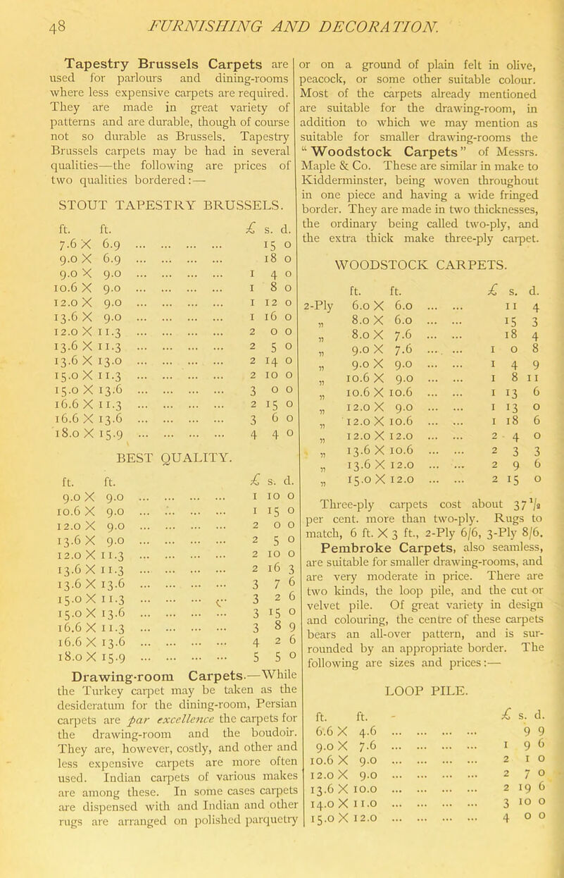 Tapestry Brussels Carpets are used for parlours and dining-rooms where less expensive carpets are required. They are made in great variety of patterns and are durable, though of course not so durable as Brussels. Tapestry Brussels carpets may be had in several qualities—the following are prices of two qualities bordered: — STOUT TAPESTRY BRUSSELS. ft. ft. I s. d 7-6 X 6.9 15 c 9.0 X 6.9 18 c 9.0 X 9.0 14c 10.6 X 9.0 I 8 c 12.0 X 9-0 I 12 c 13.6 X 9.0 I 16 c 12.0 X 11-3 2 0 C 13.6X11.3 25c 13.6X13-0 2 14 C 15.0 X 11.3 ... 2 10 C 15.0 X 13.6 30c 16.6 X 11.3 2 15 ( 16.6 X 13.6 36c 18.0 X 15.9 4 4 ( BEST QUALITY. ft. ft. £ s. d. 9.0 X 9.0 I 10 0 ro.6 X 9.0 ... I 15 0 12.0 X 9.0 2 0 0 13.6 X 9.0 2 5 0 12.0 X 11.3 2 10 0 13.6 X 11.3 2 16 3 13.6X13.6 3 7 6 15.0 X 11.3 ... ^.. 3 2 6 15.0 X 13.6 3 15 0 16.6 X 11.3 3 8 9 16.6 X 13.6 4 2 6 18.0 X 15.9 5 5 0 Drawing-room Carpets.— While the Turkey caq^et may be taken as the desideratum for the dining-room, Persian carpets are par excellence the carpets for the drawing-room and the boudoir. They are, however, costly, and other and less expensive carpets are more often used. Indian caq:>ets of various makes are among these. In some cases carpets ai'e dispensed with and Indian and other or on a ground of plain felt in olive, peacoclc, or some other suitable colour. Most of the carpets already mentioned are suitable for the drawing-room, in addition to which we may mention as suitable for smaller drawing-rooms the “Woodstock Carpets” of Messrs. Maple & Co. These are similar in make to Kidderminster, being woven throughout in one piece and having a wide fringed border. They are made in two thicknesses, the ordinary being called two-ply, and the extra thick make three-ply carpet. WOODSTOCK CARPETS. ft. ft. s. d. 2-Ply 6.0 X 6.0 . 11 4 n 8.0 X 6.0 . 15 3 71 8.0 X 7.6 . 18 4 77 9.0 X 7.6 . .. , ... I 0 8 77 9.0 X 9.0 . I 4 9 77 10.6 X 9.0 . I 8 11 77 10.6 X 10.6 . I 13 6 77 12.0 X 9.0 . I 13 0 77 12.0 X 10.6 . I 18 6 77 12.0 X 12.0 . 2 4 0 77 13.6 X 10.6 2 3 3 77 13.6 X 12.0 2 9 6 77 15.0 X 12.0 2 15 0 Three-ply carpets cost about 37'/» per cent, more than two-ply. Rugs to match, 6 ft. X 3 ft., 2-Ply 6/6, 3-Ply 8/6. Pembroke Carpets, also seamless, are suitable for smaller drawing-rooms, and are very moderate in price. There are two lands, the loop pile, and the cut or velvet pile. Of great variety in design and colouring, the centre of these carpets bears an all-over pattern, and is sur- rounded by an appropriate border. The following are sizes and prices:— LOOP PILE. ft. ft. - S. d. 6.6 X 4.6 9 9 9.0 X 7-6 I 9 6 10.6 X 9.0 2 I 0 12.0 X 9.0 2 7 0 13.6 X lo.o 2 19 6 14.0 X I i.o 3 10 0 0 0