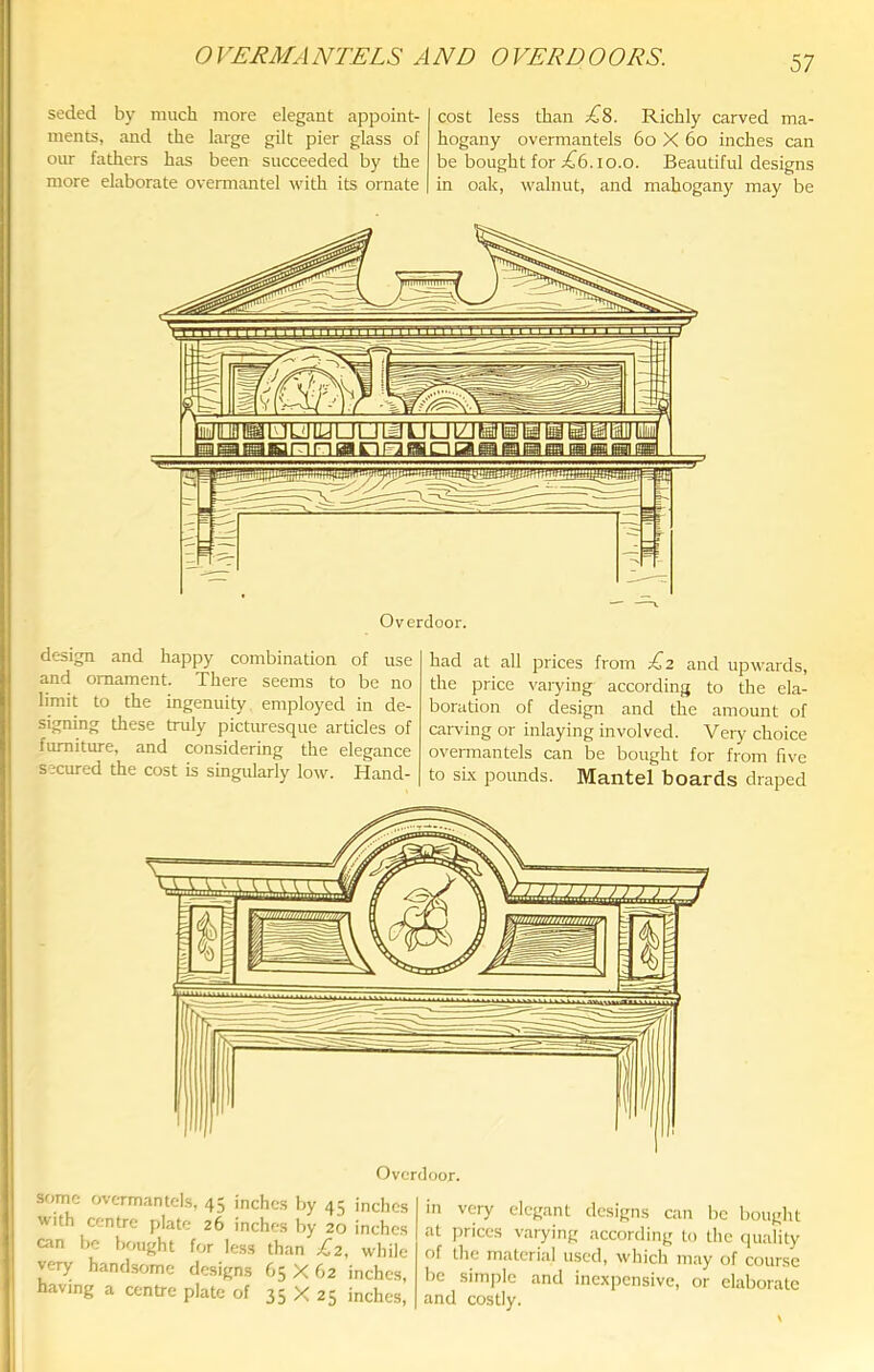 seded by much more elegant appoint- ments, and the large gilt pier glass of our fathers has been succeeded by the more elaborate overmantel with its ornate cost less than LS. Richly carved ma- hogany overmantels 6o X 6o inches can be bought for ;£^6. lo.o. Beautiful designs in oak, walnut, and mahogany may be design and happy combination of use and ornament. There seems to be no limit to the ingenuity employed in de- signing these truly picturesque articles of furniture, and considering the elegance secured the cost is singularly low. Hand- had at all prices from Lz and upwards, the price varying according to the ela- boration of design and the amount of cai-ving or inlaying involved. Very choice overmantels can be bought for from five to sLx pounds. Mantel boards draped Overdoor. some overmantels, 45 inches by 45 inches with centre plate 26 inches by 20 inches can be bought for le.ss than Lz, while very handsome designs 65X62 inches, having a centre plate of 35 X 25 inches. in very elegant designs can be bought at prices varying according to tlie quality of the material used, which may of course be simple and inexpensive, or elaborate and costly.