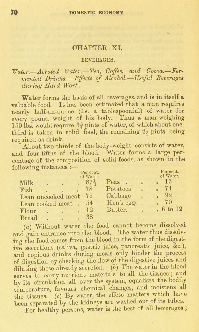 CHAPTER XI. BEVERAGES. Water.—Aerated Water.—Tea, Coffee, and Cocoa.—Fer- mented Drinks.—Effects of Alcohol.—Useful Beverages during Hard Work. Water forms the basis of all beverages, and is in itself a valuable food. It has been estimated that a man requires nearly half-an-ounce (i.e. a tablespoonful) of water for every pound weight of his body. Thus a man weighing 150 lbs. would require 3f pints of water, of which about one- third is taken in solid food, the remaining 2^ pints being required as drink. About two thirds of the body-weight consists of water, and four-fifths of the blood. Water forms a large per- centage of the composition of solid foods, as shown in the following instances :— Per cent. Percent, of Water. of Wnter. Milk . . . 87fc Fish ... 78 Lean uncooked meat 72 Lean cooked meat . 54 Flour . . .12 Bread . . .38 Peas . . . 13 Potatoes . . 74 Cabbage . 92 Hen’s eggs . . 70 Butter. . 6 to (a) Without water the food cannot become dissolved and gain entrance into the blood. The water thus dissolv- ing the food comes from the blood in the form of the digest- ive secretions (saliva, gastric juice, pancreatic juice, &c.), and copious drinks during meals only hinder the process of digestion by checking the flow of the digestive juices and diluting those already secreted. (b) The water in the blood serves to carry nutrient materials to all the tissues , and by its circulation all over the system, equalises the bodily temperature, favours chemical changes, and moistens all the tissues, (c) By water, the effete matters which have been separated by the kidneys are washed out of its tubes. For healthy persons, water is the best of all beverages