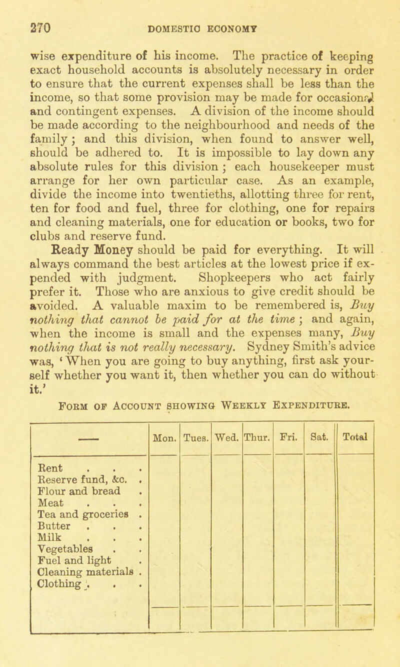 wise expenditure of his income. The practice of keeping exact household accounts is absolutely necessary in order to ensure that the current expenses shall be less than the income, so that some provision may be made for occasion?*! and contingent expenses. A division of the income should be made according to the neighbourhood and needs of the family ; and this division, when found to answer well, should be adhered to. It is impossible to lay down any absolute rules for this division ; each housekeeper must arrange for her own particular case. As an example, divide the income into twentieths, allotting three for rent, ten for food and fuel, three for clothing, one for repairs and cleaning materials, one for education or books, two for clubs and reserve fund. Ready Money should be paid for everything. It will always command the best articles at the lowest price if ex- pended with judgment. Shopkeepers who act fairly prefer it. Those who are anxious to give credit should be avoided. A valuable maxim to be remembered is, Buy nothing that cannot be paid for at the time ; and again, when the income is small and the expenses many, Buy nothing that is not really necessary. Sydney Smith’s advice was, ‘ When you are going to buy anything, first ask your- self whether you want it, then whether you can do without it.’ Poem op Account showing Weekly Expendituee. — Mon. Tues. Wed. Thur. Fri. Sat. Total Rent Reserve fund, <fcc. . Flour and bread Meat Tea and groceries . Butter Milk Vegetables Fuel and light Cleaning materials . Clothing .