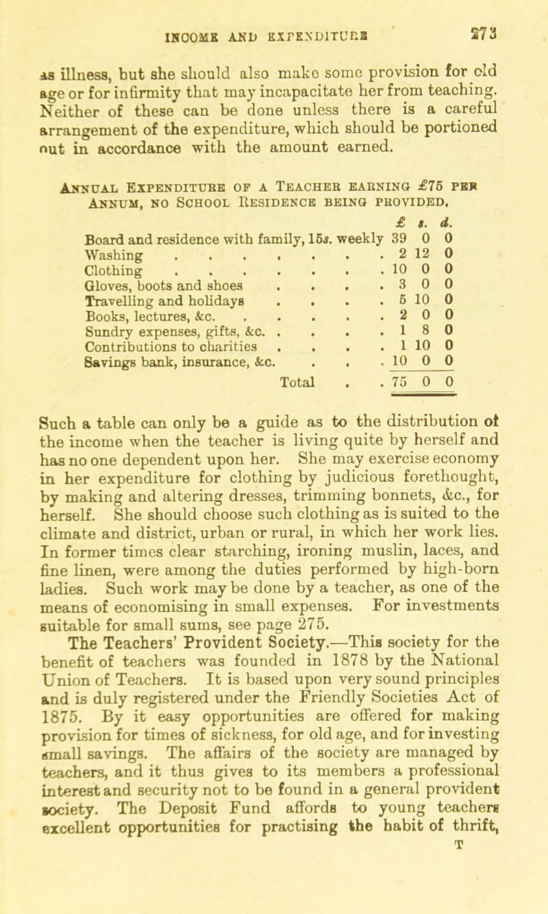 is illness, but she should also make some provision for old age or for infirmity that may incapacitate her from teaching. Neither of these can be done unless there is a careful arrangement of the expenditure, which should be portioned nut in accordance with the amount earned. Annual Expenditure of a Teacher earning £75 per Annum, no School Residence being provided. £ t. d. Board and residence with family, 16s. weekly 39 0 0 Washing 2 12 0 Clothing 10 0 0 Gloves, boots and shoes . . . .300 Travelling and holidays . . . . 6 10 0 Books, lectures, &c 2 0 0 Sundry expenses, gifts, &c 18 0 Contributions to charities . . . . 1 10 0 Savings bank, insurance, Sec. . . . 10 0 0 Total . . 75 0 0 Such a table can only be a guide as to the distribution oi the income when the teacher is living quite by herself and has no one dependent upon her. She may exercise economy in her expenditure for clothing by judicious forethought, by making and altering dresses, trimming bonnets, &c., for herself. She should choose such clothing as is suited to the climate and district, urban or rural, in which her work lies. In former times clear starching, ironing muslin, laces, and fine linen, were among the duties performed by high-born ladies. Such work may be done by a teacher, as one of the means of economising in small expenses. For investments suitable for small sums, see page 275. The Teachers’ Provident Society.—This society for the benefit of teachers was founded in 1878 by the National Union of Teachers. It is based upon very sound principles and is duly registered under the Friendly Societies Act of 1875. By it easy opportunities are offered for making provision for times of sickness, for old age, and for investing small savings. The affairs of the society are managed by teachers, and it thus gives to its members a professional interest and security not to be found in a general provident Bociety. The Deposit Fund affords to young teachers excellent opportunities for practising the habit of thrift, T