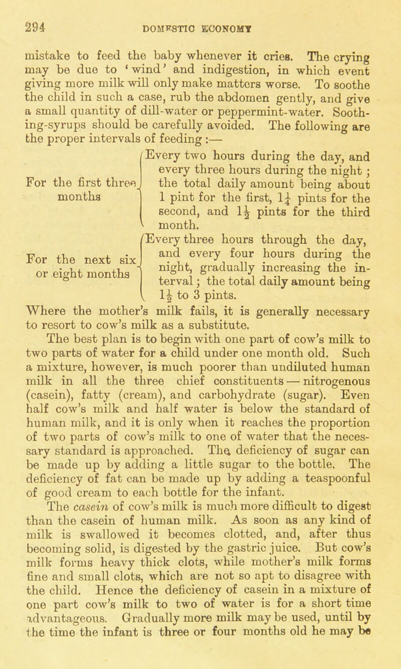 For the first three months For the next six_ or eight months ' mistake to feed the baby whenever it cries. The crying may be due to ‘ wind ’ and indigestion, in which event giving more milk will only make matters worse. To soothe the child in such a case, rub the abdomen gently, and give a small quantity of dill-water or peppermint-water. Sooth- ing-syrups should be carefully avoided. The following are the proper intervals of feeding :— f Every two hours during the day, and every three hours during the night ; the total daily amount being about 1 pint for the first, 1£ pints for the second, and 1^ pints for the third month. 'Every three hours through the day, and every four hours during the night, gradually increasing the in- terval ; the total daily amount being \ It? to 3 pints. Where the mother’s milk fails, it is generally necessary to resort to cow’s milk as a substitute. The best plan is to begin with one part of cow’s milk to two parts of water for a child under one month old. Such a mixture, however, is much poorer than undiluted human milk in all the three chief constituents — nitrogenous (casein), fatty (cream), and carbohydrate (sugar). Even half cow’s milk and half water is below the standard of human milk, and it is only when it reaches the proportion of two parts of cow’s milk to one of water that the neces- sary standard is approached. TIiq deficiency of sugar can be made up by adding a little sugar to the bottle. The deficiency of fat can be made up by adding a teaspoonful of good cream to each bottle for the infant. The casein of cow’s milk is much more difficult to digest than the casein of human milk. As soon as any kind of milk is swallowed it becomes clotted, and, after thus becoming solid, is digested by the gastric juice. But cow’s milk forms heavy thick clots, while mother’s milk forms fine and small clots, which are not so apt to disagree with the child. Hence the deficiency of casein in a mixture of one part cow’s milk to two of water is for a short time advantageous. Gradually more milk may be used, until by the time the infant is three or four months old he may b«