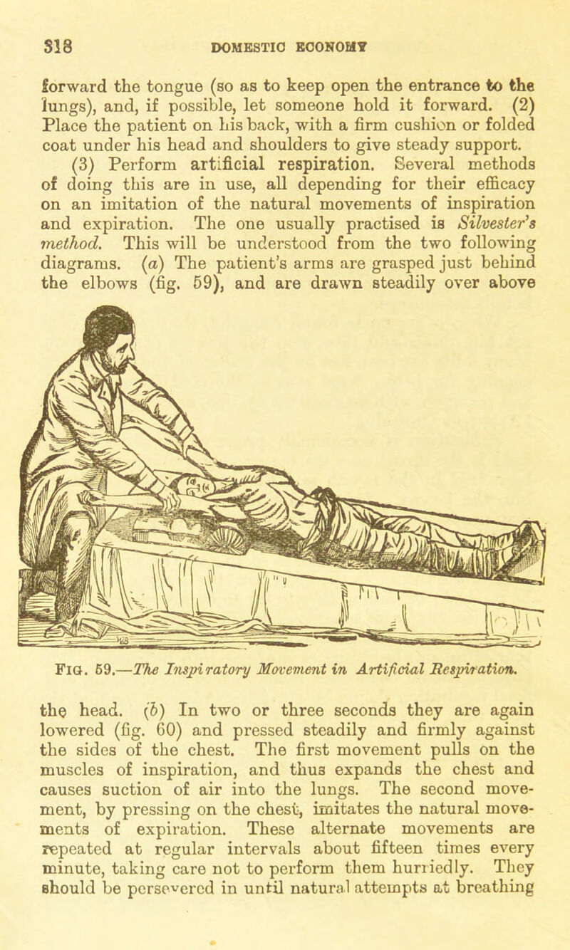 forward the tongue (so as to keep open the entrance to the lungs), and, if possible, let someone hold it forward. (2) Place the patient on his back, with a firm cushion or folded coat under his head and shoulders to give steady support. (3) Perform artificial respiration. Several methods of doing this are in use, all depending for their efficacy on an imitation of the natural movements of inspiration and expiration. The one usually practised is Silvester’s method. This will be understood from the two following diagrams, (a) The patient’s arms are grasped just behind the elbows (fig. 59), and are drawn steadily over above Fig. 69.—The Inspiratory Movement in Artificial Respiration. the head. (5) In two or three seconds they are again lowered (fig. 60) and pressed steadily and firmly against the sides of the chest. The first movement pulls on the muscles of inspiration, and thus expands the chest and causes suction of air into the lungs. The second move- ment, by pressing on the chest, imitates the natural move- ments of expiration. These alternate movements are repeated at regular intervals about fifteen times every minute, taking care not to perform them hurriedly. They Bhould be persevered in until natural attempts at breathing