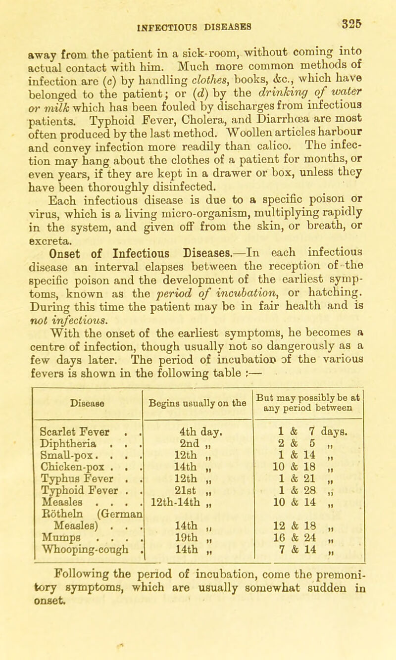 away from the patient in a sick-room, without coming into actual contact with him. Much more common methods of infection are (c) by handling clothes, books, &c., which have belonged to the patient; or (d) by the drinking. of water or milk which has been fouled by discharges from infectious patients. Typhoid Fever, Cholera, and Diarrhoea are most often produced by the last method. Woollen articles harbour and convey infection more readily than calico. The infec- tion may hang about the clothes of a patient for months, or even years, if they are kept in a drawer or box, unless they have been thoroughly disinfected. Each infectious disease is due to a specific poison or virus, which is a living micro-organism, multiplying rapidly in the system, and given off from the skin, or breath, or excreta. Onset of Infectious Diseases.—In each infectious disease an interval elapses between the reception of the specific poison and the development of the earliest symp- toms, known as the period of incubation, or hatching. During this time the patient may be in fair health and is not infectious. With the onset of the earliest symptoms, he becomes a centre of infection, though usually not so dangerously as a few days later. The period of incubation of the various fevers is shown in the following table :— Disease Begins usually on the But may possibly be at any period between Scarlet Fever . . 4th day. 1 & 7 days. Diphtheria . . . 2nd „ 2 & 5 „ Small-pox. . . . 12th „ 1 & 14 „ Chicken-pox . . 14th „ 10 & 18 „ Typhus Fever . 12th „ 1 & 21 „ Typhoid Fever . 21st „ 1 & 28 „ Measles . . . 12th-14th „ 10 & 14 „ Botheln (German Measles) . . 14th ,, 12 & 18 „ Mumps . . . 19th „ 16 & 24 „ Whooping-cough 14th „ 7 & 14 „ Following the period of incubation, come the premoni- tory symptoms, which are usually somewhat sudden in onset.