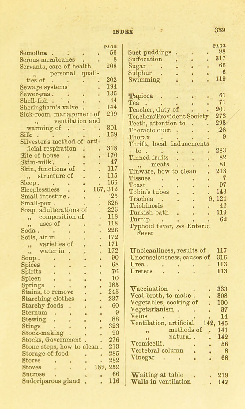 PAQB Semolina . . . .56 Serous membranes . . 8 Servants, care of health 208 „ personal quali- ties of . . . . 202 Sewage systems . 194 Sewer-gas. . . .135 Shell-fish .... 44 Sheringham’s valve . . 144 Sick-room, management of 299 „ ventilation and warming of . . . 301 Silk 159 Silvester’s method of arti- ficial respiration . .318 Site of house . . . 170 Skim-milk.... 47 Skin, functions of . . 117 „ structure of . .115 Sleep 166 Sleeplessness . . 167, 312 Small intestine. . . ' 25 Small-pox .... 326 Soap, adulterations of . 225 „ composition of . 118 „ uses of 118 Soda 226 Soils, air in . . . 172 „ varieties of . .171 „ water in . . ,172 Soup 90 Spices .... 68 Spirits .... 76 Spleen . . .10 Springs .... 185 Stains, to remove . . 245 Starching clothes . . 237 Starchy foods ... 60 Sternum .... 9 Stewing .... 88 Stings .... 323 Stock-making ... 90 Stocks, Government . .276 Stone steps, how to clean . 213 Storage of food . . 285 8tores .... 282 Stoves . . . 182, 263 Sucrose . , . 66 Sudoriparous gland . .116 Suet puddings . r am 98 Suffocation 317 Sugar .... 66 Sulphur . 6 Swimming . . 119 Tapioca .... 61 Tea ..... 71 Teacher, duty of 201 Teachers’Provident Society 273 Teeth, attention to . 298 Thoracic duct . ,-28 Thorax .... 9 Thrift, local inducements to 283 Tinned fruits 82 ,, meats 81 Tinware, how to clean 213 Tissues .... 7 Toast .... 97 Tobin’s tubes 143 Trachea ... 9, 124 Trichinosis . 42 Turkish bath 119 Turnip .... 62 Typhoid fever, see Enteric Fever Uncleanliness, results of . 117 Unconsciousness, causes of 316 Urea 113 Ureters 113 Vaccination 333 Yeal-broth, to make . 308 Vegetables, cooking of 100 Vegetarianism . 37 Veins . . . . 14 Ventilation, artificial 142, 146 „ methods of . 141 „ natural . 142 Vermicelli. . . , 66 Vertebral column 8 Vinegar . 68 Waiting at table 219 Walls in ventilation , 143