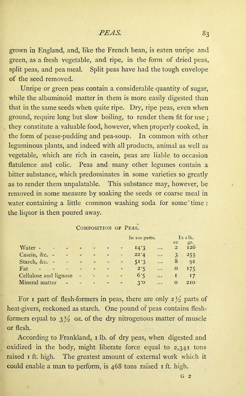 grown in England, and, like the French bean, is eaten unripe and green, as a fresh vegetable, and ripe, in the form of dried peas, split peas, and pea meal. Split peas have had the tough envelope of the seed removed. Unripe or green peas contain a considerable quantity of sugar, while the albuminoid matter in them is more easily digested than that in the same seeds when quite ripe. Dry, ripe peas, even when ground, require long but slow boiling, to render them fit for use ; they constitute a valuable food, however, when properly cooked, in the form of pease-pudding and pea-soup. In common with other leguminous plants, and indeed with all products, animal as well as vegetable, which are rich in casein, peas are liable to occasion flatulence and colic. Peas and many other legumes contain a bitter substance, which predominates in some varieties so greatly as to render them unpalatable. This substance may, however, be removed in some measure by soaking the seeds or coarse meal in water containing a little common washing soda for some' time : the liquor is then poured away. Composition of Peas. Water - In 100 parts. 14-3 In oz 2 1 lb. gr- 126 Casein, &c. - - - 22 *4 3 255 Starch, &c. - - - 5I-3 8 91 Fat - - - 2-5 O J75 Cellulose and lignose It - 6-5 ... I 17 Mineral matter - - 3-0 O 210 For 1 part of flesh-formers in peas, there are only 2^ parts of heat-givers, reckoned as starch. One pound of peas contains flesh- formers equal to 3^ oz. of the dry nitrogenous matter of muscle or flesh. According to Frankland, 1 lb. of dry peas, when digested and oxidized in the body, might liberate force equal to 2,341 tons raised 1 ft. high. The greatest amount of external work which it could enable a man to perform, is 468 tons raised 1 ft. high. G 2