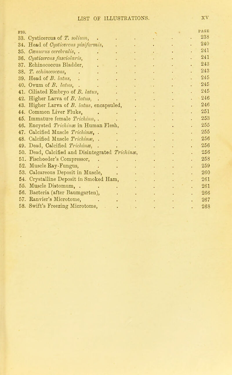 FIG. « PAGE 33. Cysticercus of T. solium, ...■•• 238 34. Head of Cysticercus pisifarmis, ..... 240 35. Ccenicrus cerebralis, .....•• 241 36. Cysticercusfasciolaris, ...■■■ 241 37. Echinococcus Bladder, ....•• 243 38. T. echinococcus, . . . . • • .243 39. Head of B. latus, 245 40. Ovum of B. latus, ....... 245 41. Ciliated Embryo of B. latus, ..... 245 42. Higher Larva of B. latus. ...... 246 43. Higher Larva of B. latus, encapsuled, .... 246 44. Common Liver Fluke, ...... 251 45. Immature female Trichina, ...... 253 46. Encysted Trichinae in Human Flesh, .... 255 47. Calcified Muscle Trichinae, ...... 255 48. Calcified Muscle Trichinae, ...... 256 49. Dead, Calcified Trichinae, ...... 256 50. Dead, Calcified and Disintegrated Trichinae, . . . 256 51. Fischoeder’s Compressor, ...... 258 52. Muscle Ray-Fungus, ...... 259 53. Calcareous Deposit in Muscle, ..... 260 54. Crystalline Deposit in Smoked Ham, .... 261 55. Muscle Distomum, . . . . . . 261 56. Bacteria (after Baumgarten), ..... 266 57. Ranvier’s Microtome, ...... 267 58. Swift’s Freezing Microtome, ..... 268