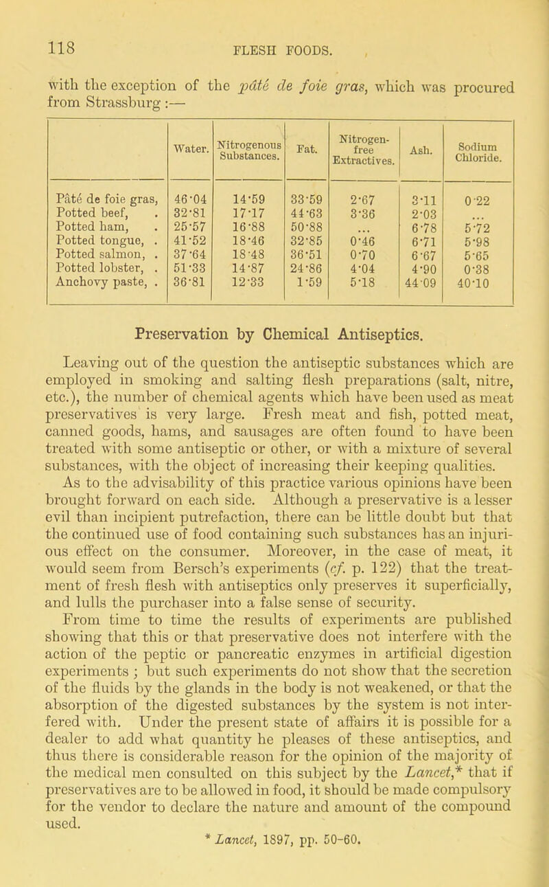 with the exception of the jpdte tie foie gras, which was procured from Strassburg:— Water. Nitrogenous Substances. Fat. Nitrogen- free Extractives. Ash. Sodium Chloride. Pat6 de foie gras, 46-04 14-59 33-59 2-67 3-11 0 22 Potted beef, 32-81 17-17 44-63 3-36 2-03 Potted ham, 25-57 16-88 50-88 6-78 5-72 Potted tongue, . 41-52 18-46 32-85 0-46 6-71 5-98 Potted salmon, . 37-64 IS-48 36-51 0-70 6-67 5-65 Potted lobster, . 51-33 14-87 24-86 4-04 4-90 0-38 Anchovy paste, . 36-81 12-33 1-59 5-18 44-09 40-10 Preservation by Chemical Antiseptics. Leaving out of the question the antiseptic substances which are employed in smoking and salting flesh preparations (salt, nitre, etc.), the number of chemical agents which have been used as meat preservatives is very large. Fresh meat and fish, potted meat, canned goods, hams, and sausages are often found to have been treated with some antiseptic or other, or with a mixture of several substances, with the object of increasing their keeping qualities. As to the advisability of this practice various opinions have been brought forward on each side. Although a preservative is a lesser evil than incipient putrefaction, there can be little doubt but that the continued use of food containing such substances has an injuri- ous effect on the consumer. Moreover, in the case of meat, it would seem from Bersch’s experiments (cf. p. 122) that the treat- ment of fresh flesh with antiseptics only preserves it superficially, and lulls the purchaser into a false sense of security. From time to time the results of experiments are published showing that this or that preservative does not interfere with the action of the peptic or pancreatic enzymes in artificial digestion experiments ; but such experiments do not show that the secretion of the fluids by the glands in the body is not weakened, or that the absorption of the digested substances by the system is not inter- fered with. Under the present state of affairs it is possible for a dealer to add what quantity he pleases of these antiseptics, and thus there is considerable reason for the opinion of the majority of the medical men consulted on this subject by the Lancet,* that if preservatives are to be allowed in food, it should be made compulsory for the vendor to declare the nature and amount of the compound used. * Lancet, 1897, pp. 50-60.