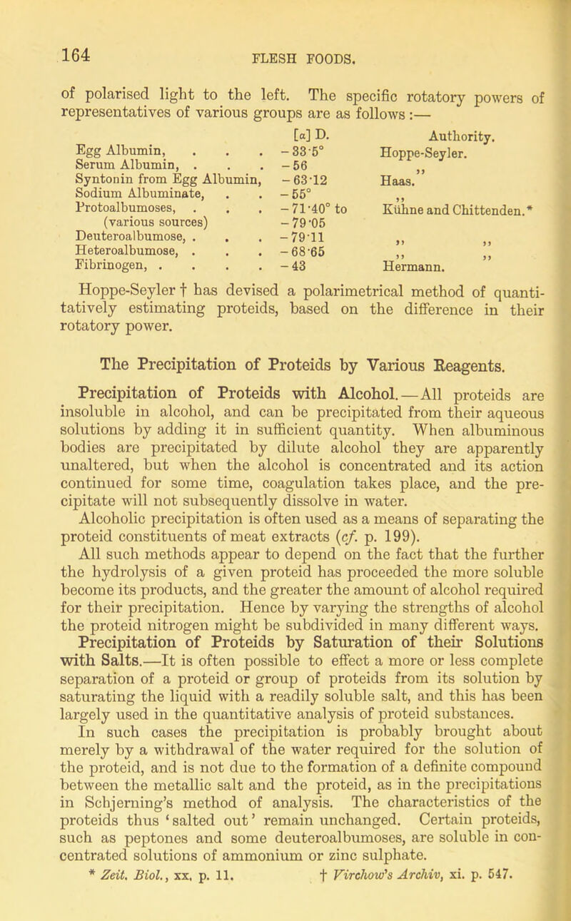 of polarised light to the left. The specific rotatory powers of representatives of various groups are as follows :— M D. Egg Albumin, . . . -33'5° Serum Albumin, . . . -56 Syntonin from Egg Albumin, - 63'12 Sodium Albuminate, . . -55° Protoalbumoses, . . . -71'40° to (various sources) - 79 '05 Deuteroalbumose, . . . — 79 11 Heteroalbumose, . . . -68'65 Fibrinogen, . . . . - 43 Authority. Hoppe-Seyler. 99 Haas. 99 Kithne and Chittenden.* >> >> Hermann. Hoppe-Seyler f has devised a polarimetrical method of quanti- tatively estimating proteids, based on the difference in their rotatory power. The Precipitation of Proteids by Various Reagents. Precipitation of Proteids with Alcohol.—All proteids are insoluble in alcohol, and can be precipitated from their aqueous solutions by adding it in sufficient quantity. When albuminous bodies are precipitated by dilute alcohol they are apparently unaltered, but when the alcohol is concentrated and its action continued for some time, coagulation takes place, and the pre- cipitate will not subsequently dissolve in water. Alcoholic precipitation is often used as a means of separating the proteid constituents of meat extracts (ef. p. 199). All such methods appear to depend on the fact that the further the hydrolysis of a given proteid has proceeded the more soluble become its products, and the greater the amount of alcohol required for their precipitation. Hence by varying the strengths of alcohol the proteid nitrogen might be subdivided in many different ways. Precipitation of Proteids by Saturation of their Solutions with Salts.—It is often possible to effect a more or less complete separation of a proteid or group of proteids from its solution by saturating the liquid with a readily soluble salt, and this has been largely used in the quantitative analysis of proteid substances. In such cases the precipitation is probably brought about merely by a withdrawal of the water required for the solution of the proteid, and is not due to the formation of a definite compound between the metallic salt and the proteid, as in the precipitations in Schjerning’s method of analysis. The characteristics of the proteids thus ‘ salted out ’ remain unchanged. Certain proteids, such as peptones and some deuteroalbumoses, are soluble in con- centrated solutions of ammonium or zinc sulphate. * Zeit. Biol., xx. p. 11, + Virchow's Archiv, xi. p. 547.