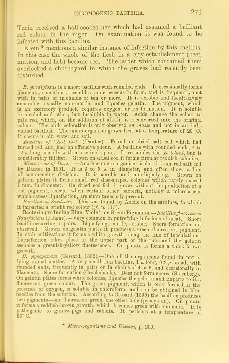 Turin received a half-cooked hen which had assumed a brilliant red colour in the night. On examination it was found to be infected with this bacillus. Klein * mentions a similar instance of infection by this bacillus. In this case the whole of the flesh in a city establishment (beef, mutton, and fish) became red. The larder which contained them overlooked a churchyard in which the graves had recently been disturbed. B. prodigiosus is a short bacillus with rounded ends. It occasionally forms filaments, sometimes resembles a micrococcus in form, and is frequently met with in pairs or in chains of ten or more. It is aerobic and facultatively anaerobic, usually non-motile, and liquefies gelatin. The pigment, which is an excretory product, requires oxygen for its formation. It is soluble in alcohol and ether, but insoluble in water. Acids change the colour to pale red, which, on the addition of alkali, is reconverted into the original colour. The pink coloration is only observed en masse and not in an indi- vidual bacillus. The micro-organism grows best at a temperature of 20° C. It occurs in air, water and soil. Bacillus of ‘Bed Cod' (Dantec).—Found on dried salt cod which had turned red and had an offensive odour. A bacillus with rounded ends, 4 to 12 p long, usually with a terminal spore. It resembles the B. tetani, but is considerably thicker. Grown on dried cod it forms circular reddish colonies. Micrococcus of Dantec.—Another micro-organism isolated from red salt cod by Dantec in 1891. It is 3 to 5 p in diameter, and often shows a line of commencing division. It is aerobic and non-liquefying. Grown on gelatin plates it forms small red disc-shaped colonies which rarely exceed 1 mm. in diameter. On dried cod-fish it grows without the production of a red pigment, except when certain other bacteria, notably a micrococcus which causes liquefaction, are simultaneously present. Bacillus on Sardines.—This was found by Auche on the sardines, to which it imparted a bright red colour (cfp. 115). Bacteria producing Blue, Violet, or Green Pigments.—Bacillus fluorescens liquefaciens (Fliigge).—Very common in putrefying infusions of meat. Short bacilli occurring in pairs. Liquefying, motile, aerobic. Spore formation not observed. Grown on gelatin plates it produces a green fluorescent pigment. In stab cultivations it forms a white growth along the line of inoculations. Liquefaction takes place in the upper part of the tube and the gelatin assumes a greenish-yellow fluorescence. On potato it forms a thick brown growth. B. pyocyaneus (Gessard, 1882).—One of the organisms found in putre- fying animal matter. A very small thin bacillus, 1 p long, 0'3 p broad, with rounded ends, frequently in pairs or in chains of 4 or 6, and occasionally in filaments. Spore formation (Crookshank). Does not form spores (Sternberg). On gelatin plates forms white colonies, liquefies the gelatin and imparts to it a fluorescent green colour. The green pigment, which is only formed in the presence of oxygen, is soluble in chloroform, and can be obtained in blue needles from the solution. According to Gessard (1890) the bacillus produces two pigments—one fluorescent green, the other blue (pyocyanin). On potato it forms a reddish-brown growth, which becomes green with ammonia. It is pathogenic to guinea-pigs and rabbits. It perishes at a temperature of ^<6, C. * Micro-organisms and Disease, p. 200.