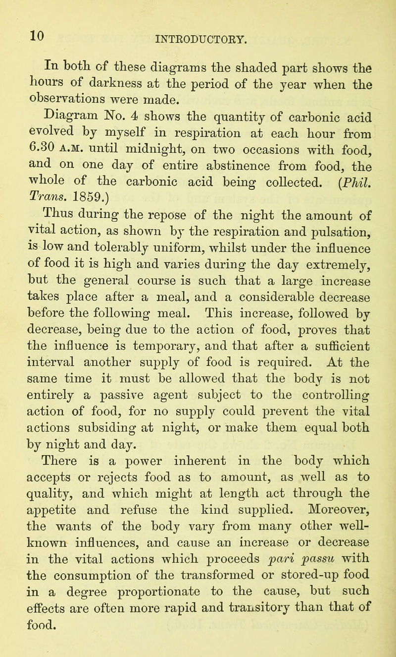 In both of these diagrams the shaded part shows the hours of darkness at the period of the year when the observations were made. Diagram No. 4 shows the quantity of carbonic acid evolved by myself in respiration at each hour from 6.30 a.m. until midnight, on two occasions with food, and on one day of entire abstinence from food, the whole of the carbonic acid being collected. {Phil. Trans. 1859.) Thus during the repose of the night the amount of vital action, as shown by the respiration and pulsation, is low and tolerably uniform, whilst under the influence of food it is high and varies during the day extremely, but the general course is such that a large increase takes place after a meal, and a considerable decrease before the following meal. This increase, followed by decrease, being due to the action of food, proves that the influence is temporary, and that after a sufficient interval another supply of food is required. At the same time it must be allowed that the body is not entirely a passive agent subject to the controlling action of food, for no supply could prevent the vital actions subsiding at night, or make them equal both by night and day. There is a power inherent in the body which accepts or rejects food as to amount, as well as to quality, and which might at length act through the appetite and refuse the kind supplied. Moreover, the wants of the body vary from many other well- known influences, and cause an increase or decrease in the vital actions which proceeds jpari passu with the consumption of the transformed or stored-up food in a degree proportionate to the cause, but such effects are often more rapid and transitory than that of food.