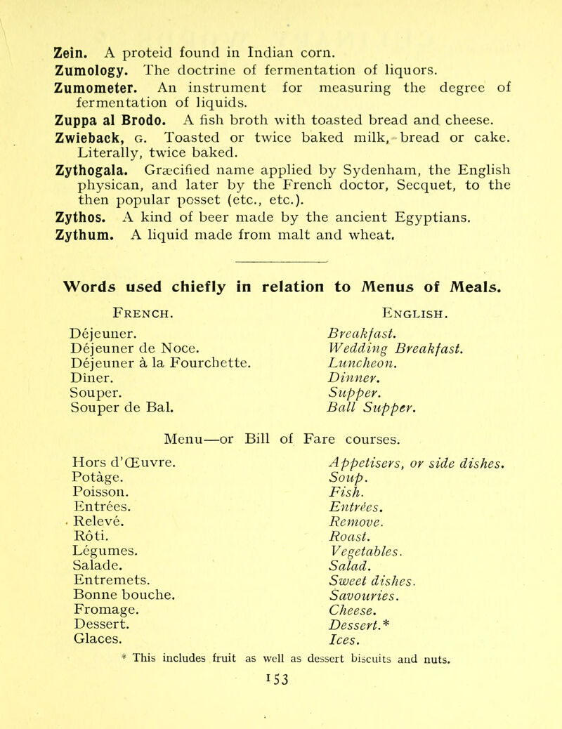 Zein. A proteid found in Indian corn. Zumology. The doctrine of fermentation of liquors. Zumometer. An instrument for measuring the degree of fermentation of liquids. Zuppa al Brodo. A fish broth with toasted bread and cheese. Zwieback, g. Toasted or twice baked milk, bread or cake. Literally, twice baked. Zythogala. Graecified name applied by Sydenham, the English physican, and later by the French doctor, Secquet, to the then popular posset (etc., etc.). Zythos. A kind of beer made by the ancient Egyptians. Zythum. A liquid made from malt and wheat. Words used chiefly in relation to Menus of Meals. French. English. Dejeuner. Dejeuner de Noce. Dejeuner a la Fourchette. Diner. Sou per. Souper de Bal. Breakfast. Wedding Breakfast. Luncheon. Dinner. Supper. Ball Supper. Menu—or Bill of Fare courses. Hors d’CEuvre. Appetisers, or side dishes. Soup. Potage. Poisson. Entrees. Releve. Roti. Fish. Entrees. Remove. Roast. Vegetables. Salad. Sweet dishes. Savouries. Cheese. Dessert. * Ices. Legumes. Salade. Entremets. Bonne bouche. Fromage. Dessert. Glaces. * This includes fruit as well as dessert biscuits and nuts. iS3