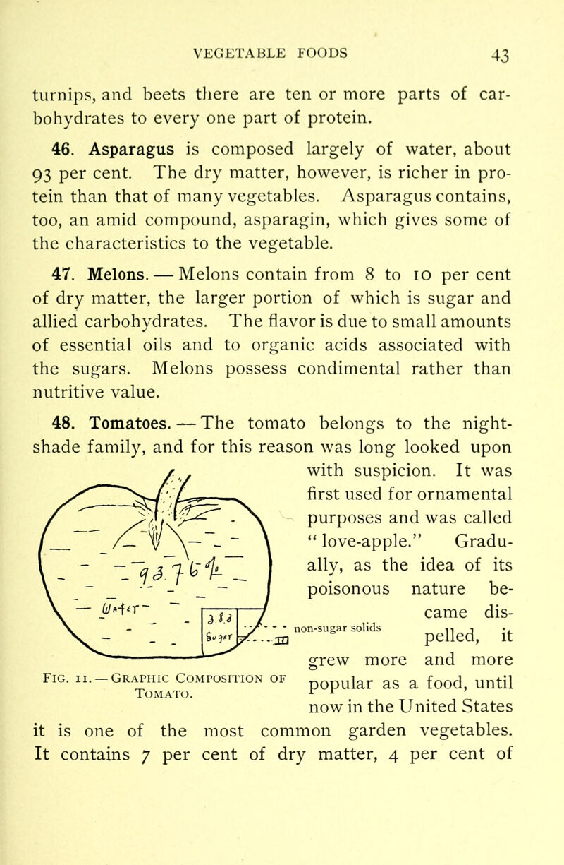 turnips, and beets there are ten or more parts of car- bohydrates to every one part of protein. 46. Asparagus is composed largely of water, about 93 per cent. The dry matter, however, is richer in pro- tein than that of many vegetables. Asparagus contains, too, an amid compound, asparagin, which gives some of the characteristics to the vegetable. 47. Melons. — Melons contain from 8 to io percent of dry matter, the larger portion of which is sugar and allied carbohydrates. The flavor is due to small amounts of essential oils and to organic acids associated with the sugars. Melons possess condimental rather than nutritive value. 48. Tomatoes. — The tomato belongs to the night- shade family, and for this reason was long looked upon with suspicion. It was first used for ornamental purposes and was called “ love-apple.” Gradu- ally, as the idea of its poisonous nature be- came dis- non-sugar solids -  - . S /- JD Fig. ii. —Graphic Composition of Tomato. it is one of It contains 7 the per pelled, it grew more and more popular as a food, until now in the United States most common garden vegetables, cent of dry matter, 4 per cent of