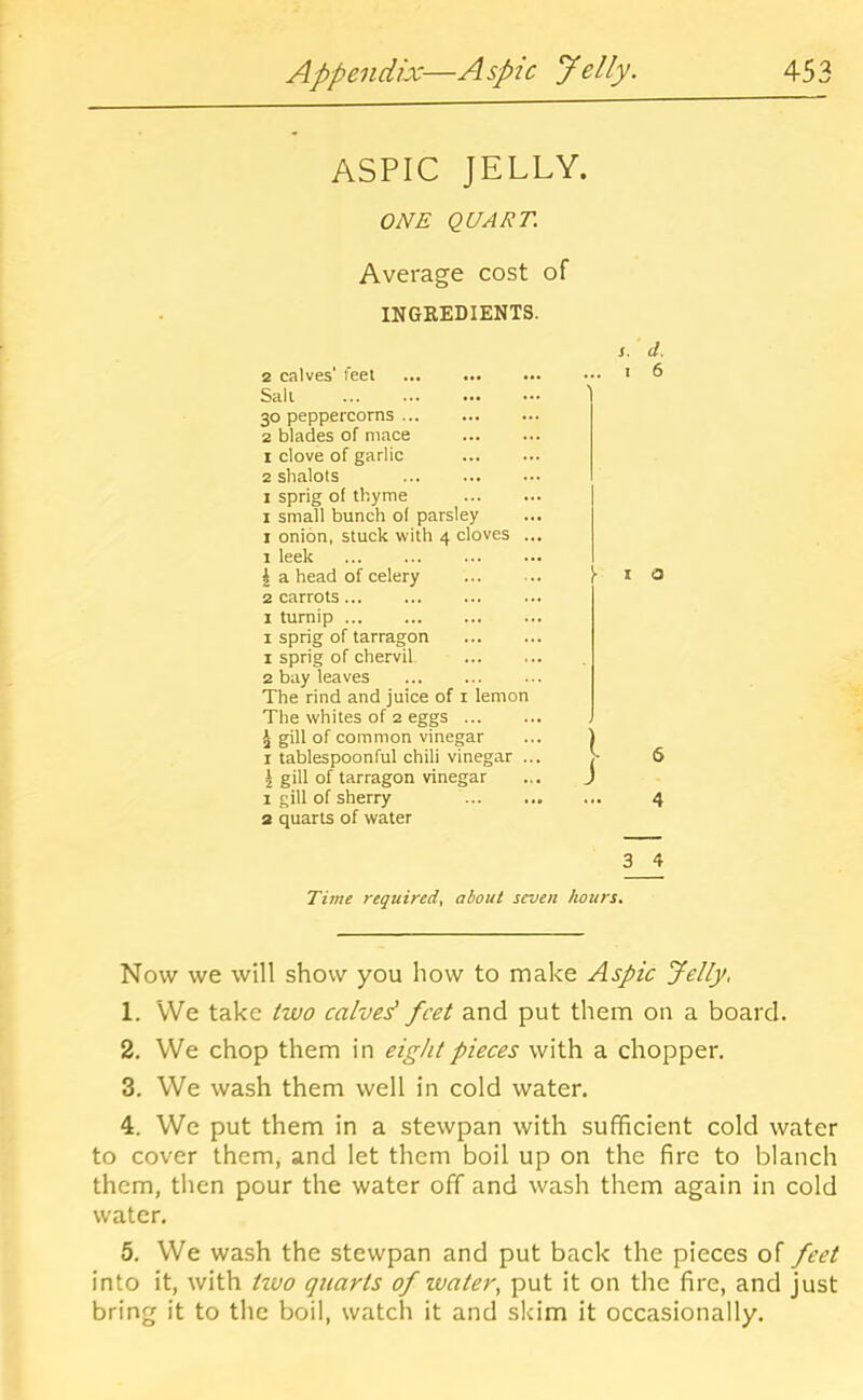 ASPIC JELLY. ONE QUART. Average cost of INGREDIENTS. 2 calves' I'eei Salt 30 peppercorns ... 2 blades of mace 1 clove of garlic 2 shalots I sprig of thyme I small bunch ol parsley I onion, stuck with 4 cloves . I leek 1 a head of celery 2 carrots... I turnip I sprig of tarragon 1 sprig of chervil 2 bay leaves The rind and juice of i lemon The whites of 2 eggs ... J gill of common vinegar I tablespoonful chili vinegar . I gill of tarragon vinegar 1 gill of sherry 2 quarts of water s. d. ... I 6 I O 6 4 I J 3 4 Time required, about seven hours. Now we will show you how to make Aspic Jelly, 1. VVe take two calved feet and put them on a board. 2. We chop them in eight pieces with a chopper. 3. We wash them well in cold water. 4. We put them in a stewpan with sufficient cold water to cover them, and let them boil up on the fire to blanch them, then pour the water off and wash them again in cold water. 5. We wash the stewpan and put back the pieces of feet into it, with tivo quarts of ivater, put it on the fire, and just bring it to the boil, watch it and skim it occasionally.